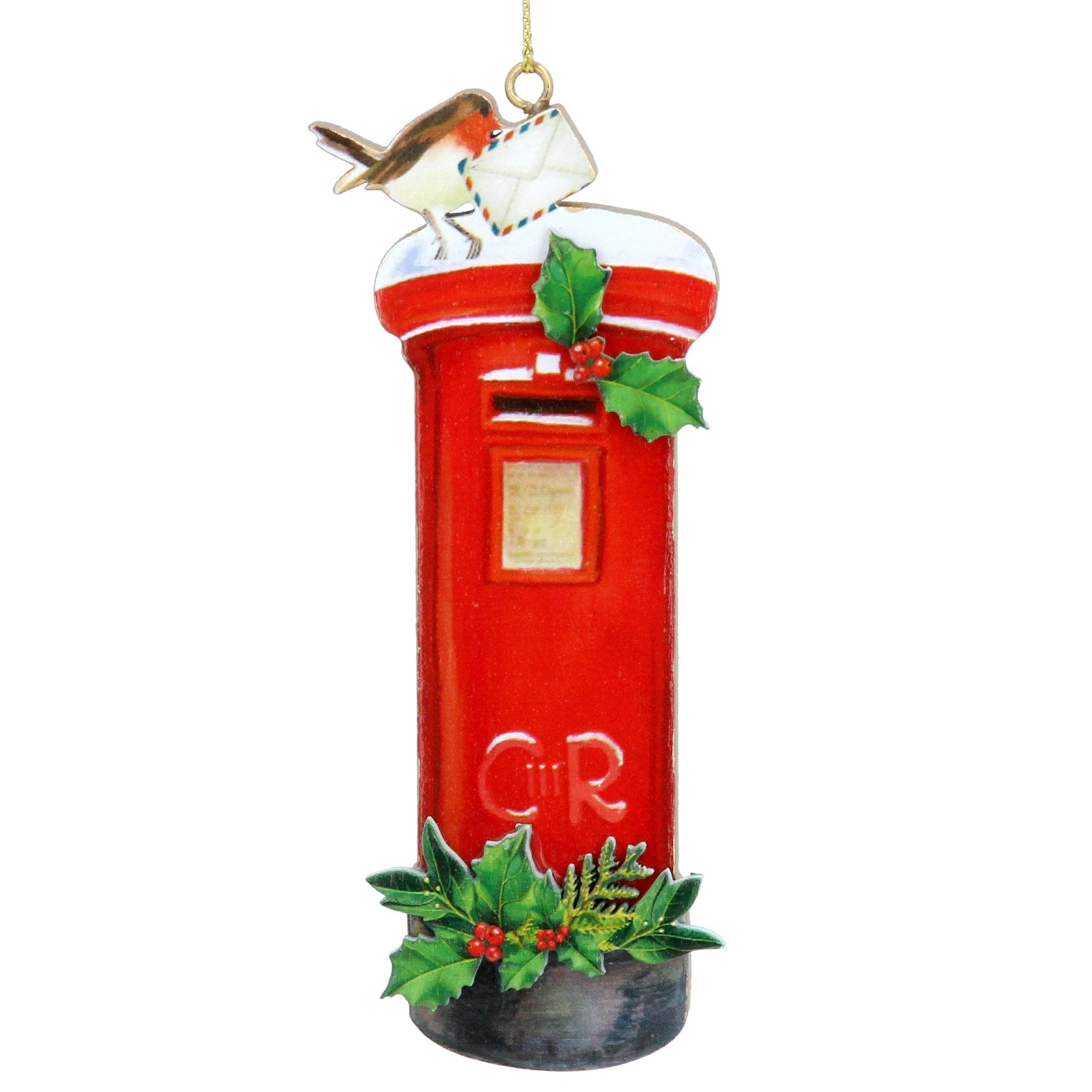 Gisela Graham London Postbox With Robin Wooden Christmas Decoration