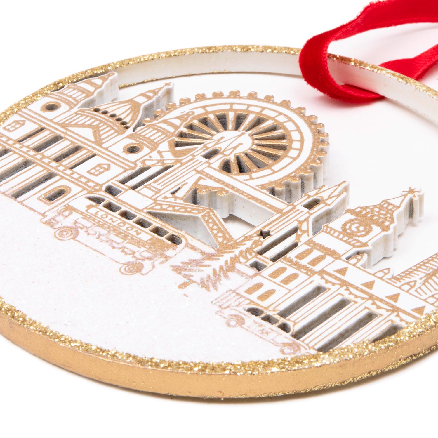 Gisela Graham Wood Hanging Decoration - London Scene - Gold Glitter 2