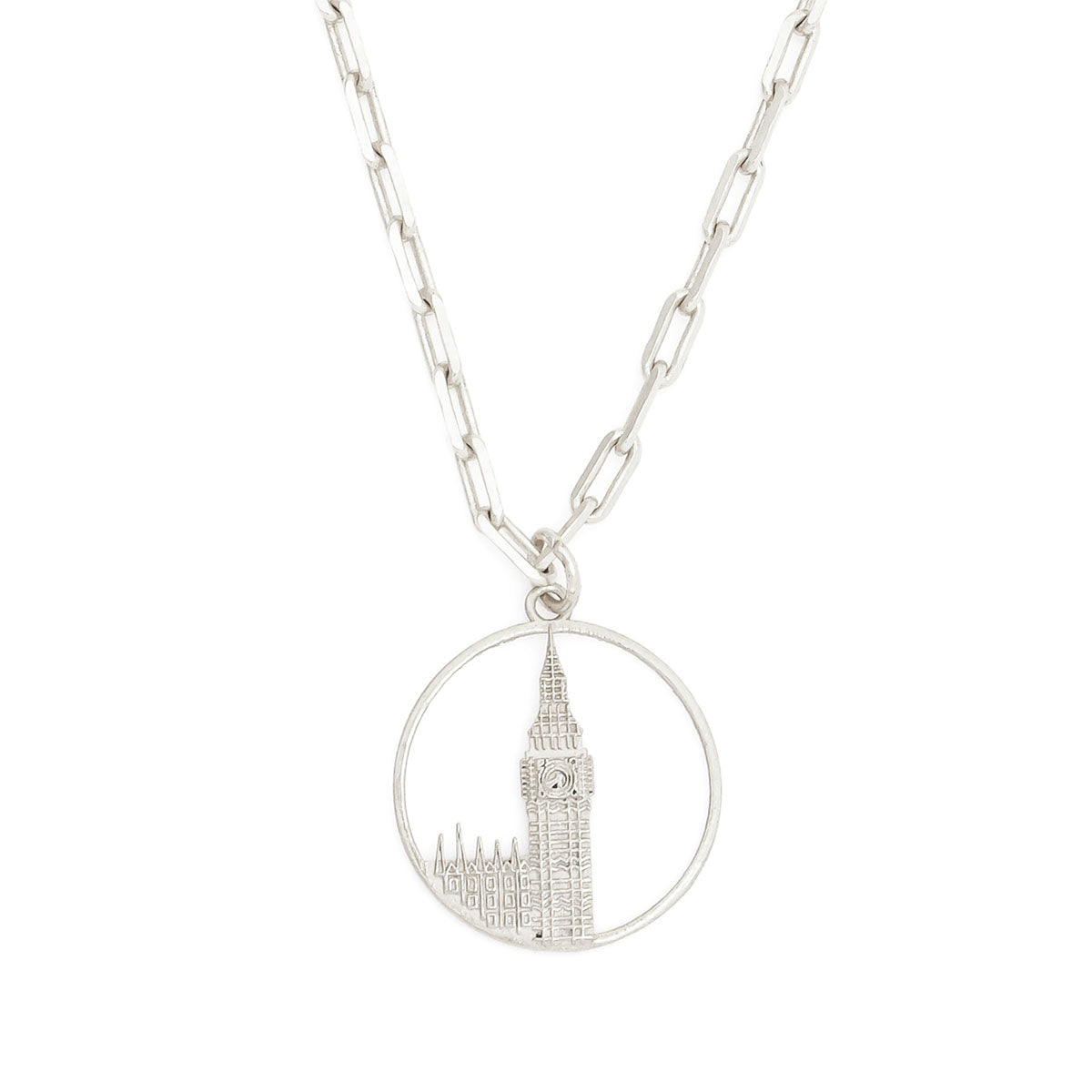 Close up view of Jey Jewels Big Ben Silver Pendant Necklace - Small