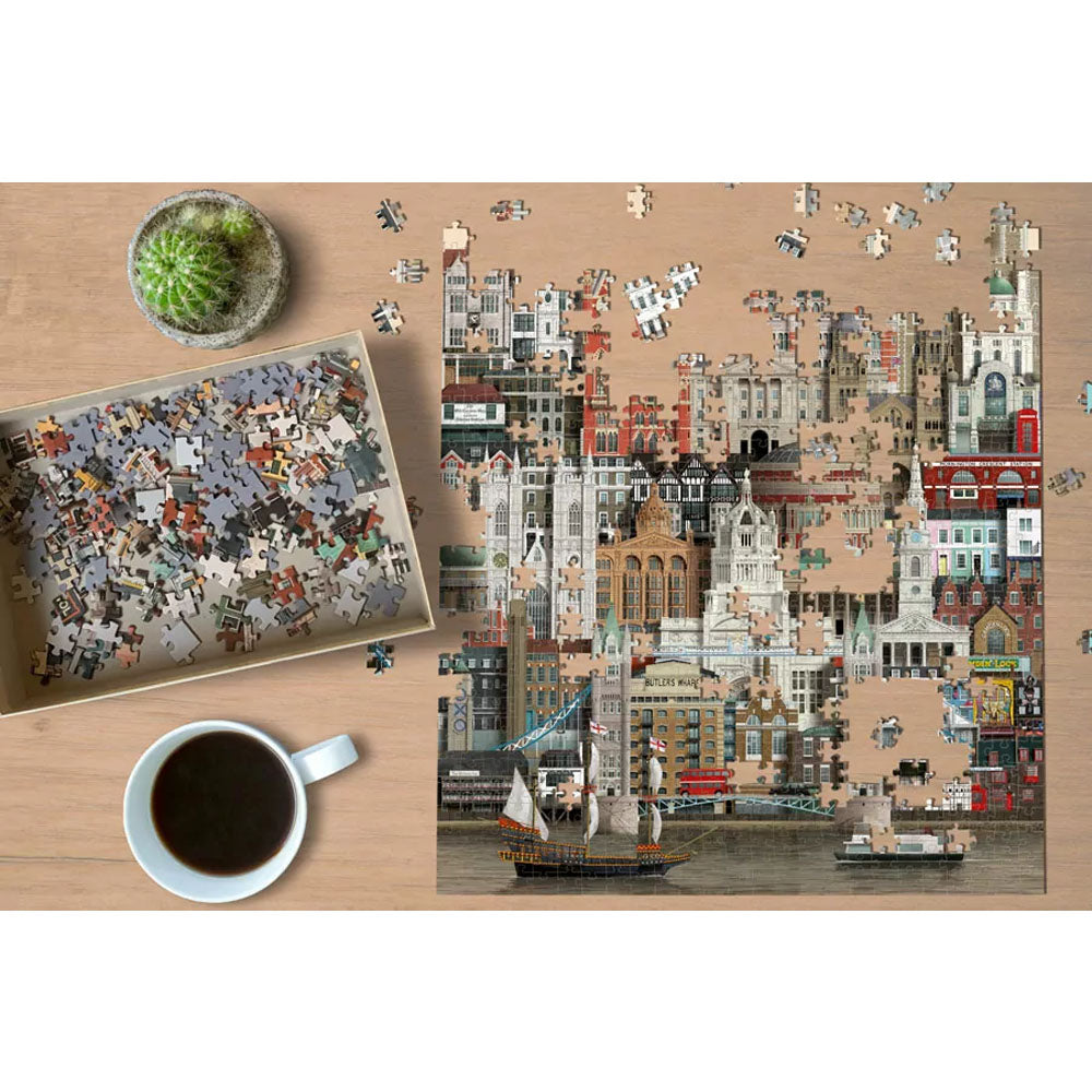 Martin Schwartz London Puzzle 1000 Pieces being assembled on a desk
