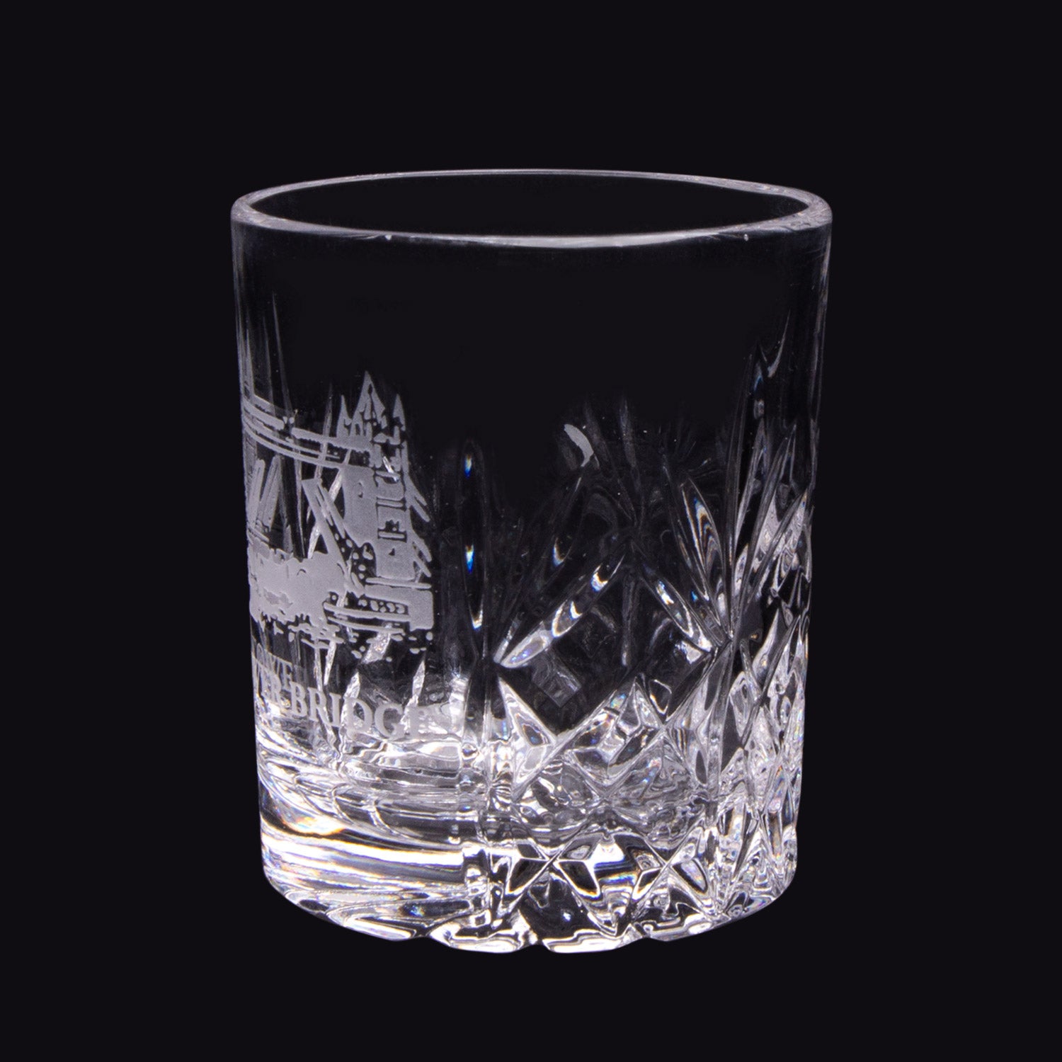 Side view of Royal Scott Crystal 2oz Shot Glass Tower Bridge