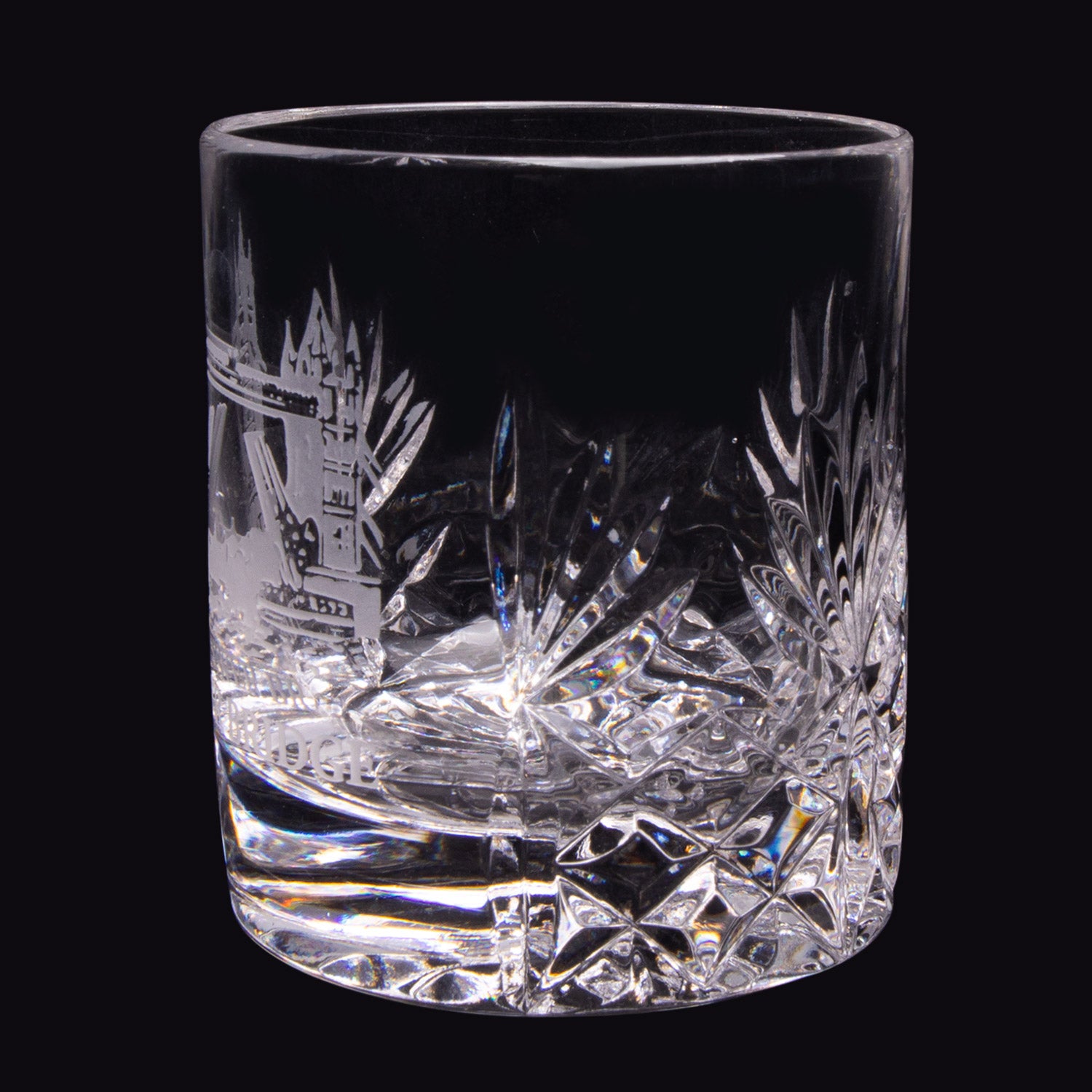 Side view of Royal Scott Crystal 4oz Shot Glass Tower Bridge