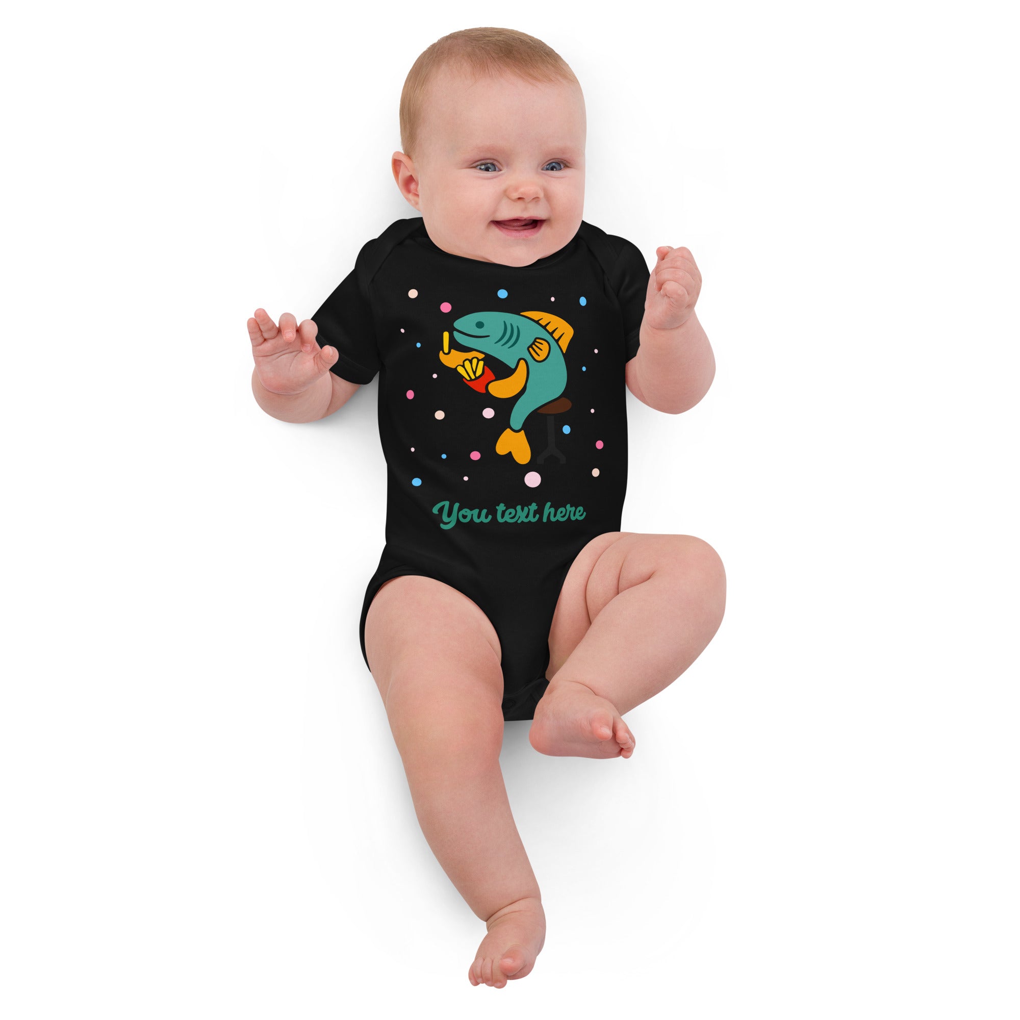 Personalised Custom Text - Baby Bodysuit - London Doodles - Fish & Chips - Black 3