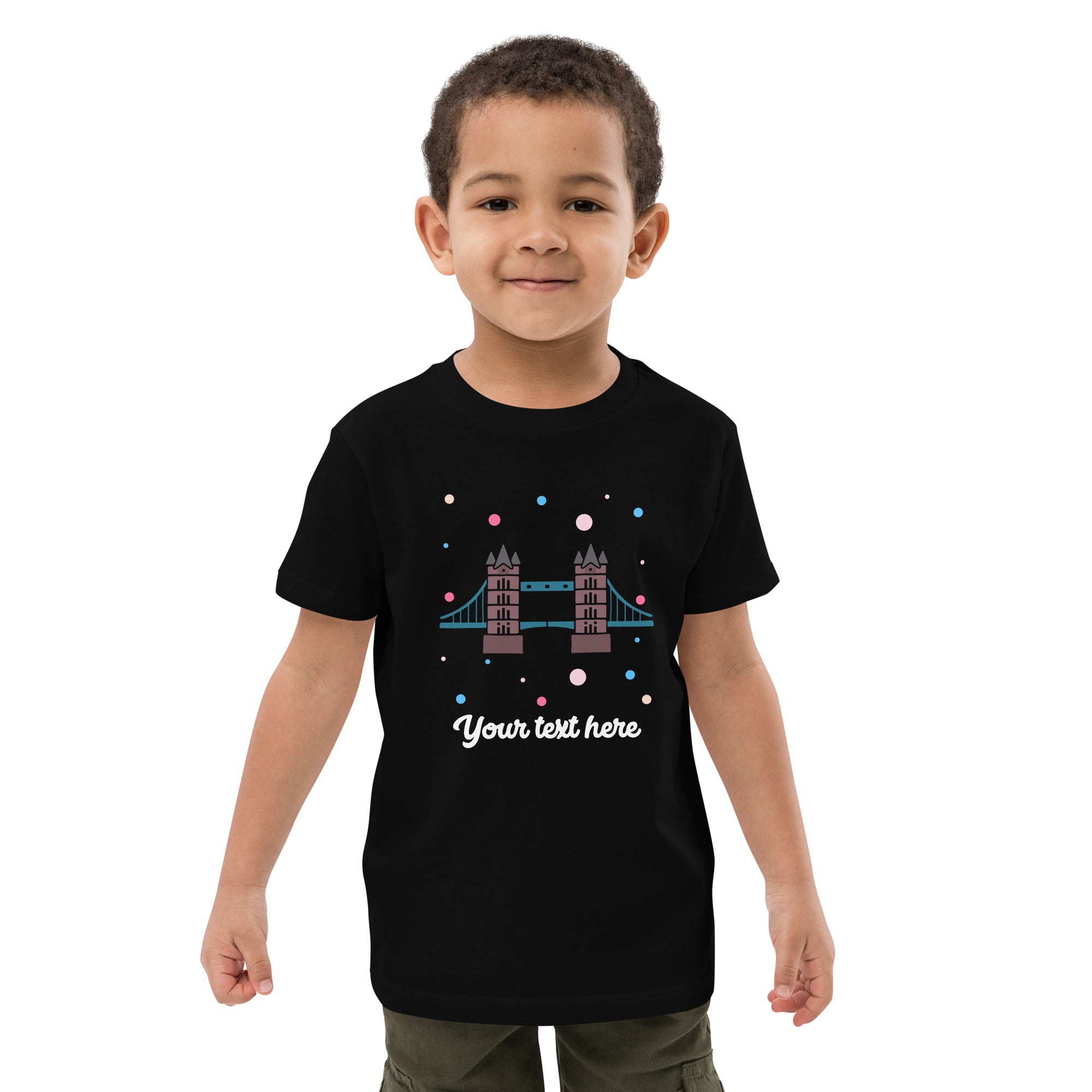 Personalised Custom Text - Organic Cotton Kids T-Shirt - London Doodles - Tower Bridge - Black 2