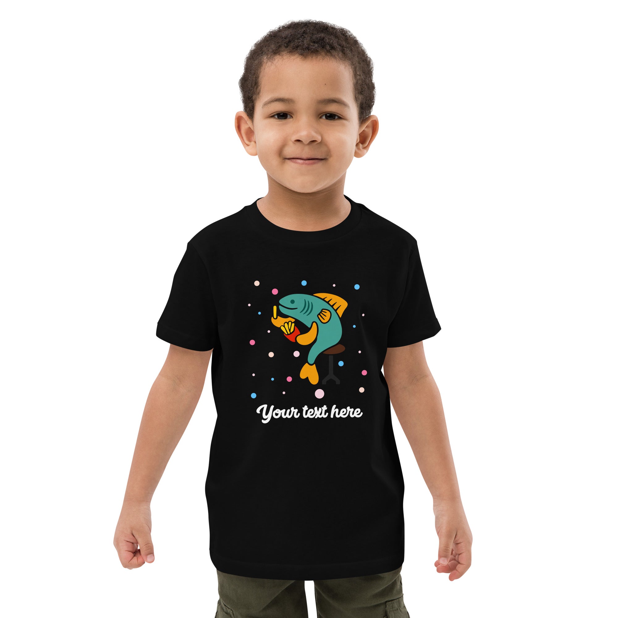 Personalised Custom Text - Organic Cotton Kids T-Shirt - London Doodles - Fish & Chips - Black 2