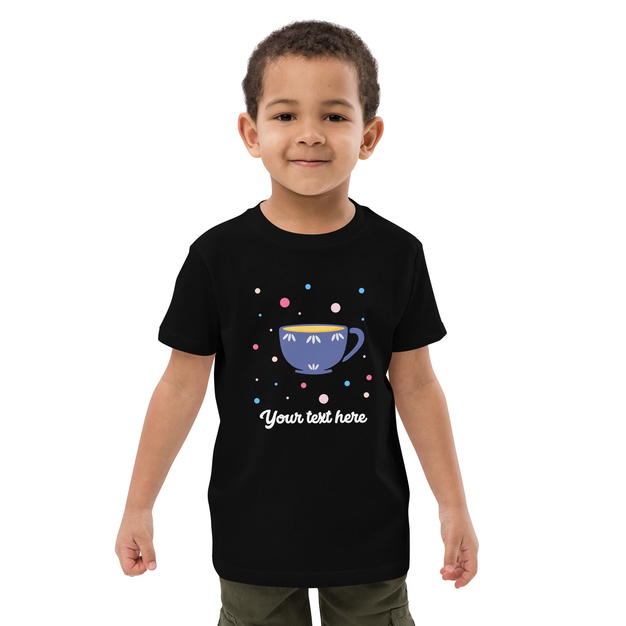 Personalised Custom Text - Organic Cotton Kids T-Shirt - London Doodles - Cup Of Tea - Black 2