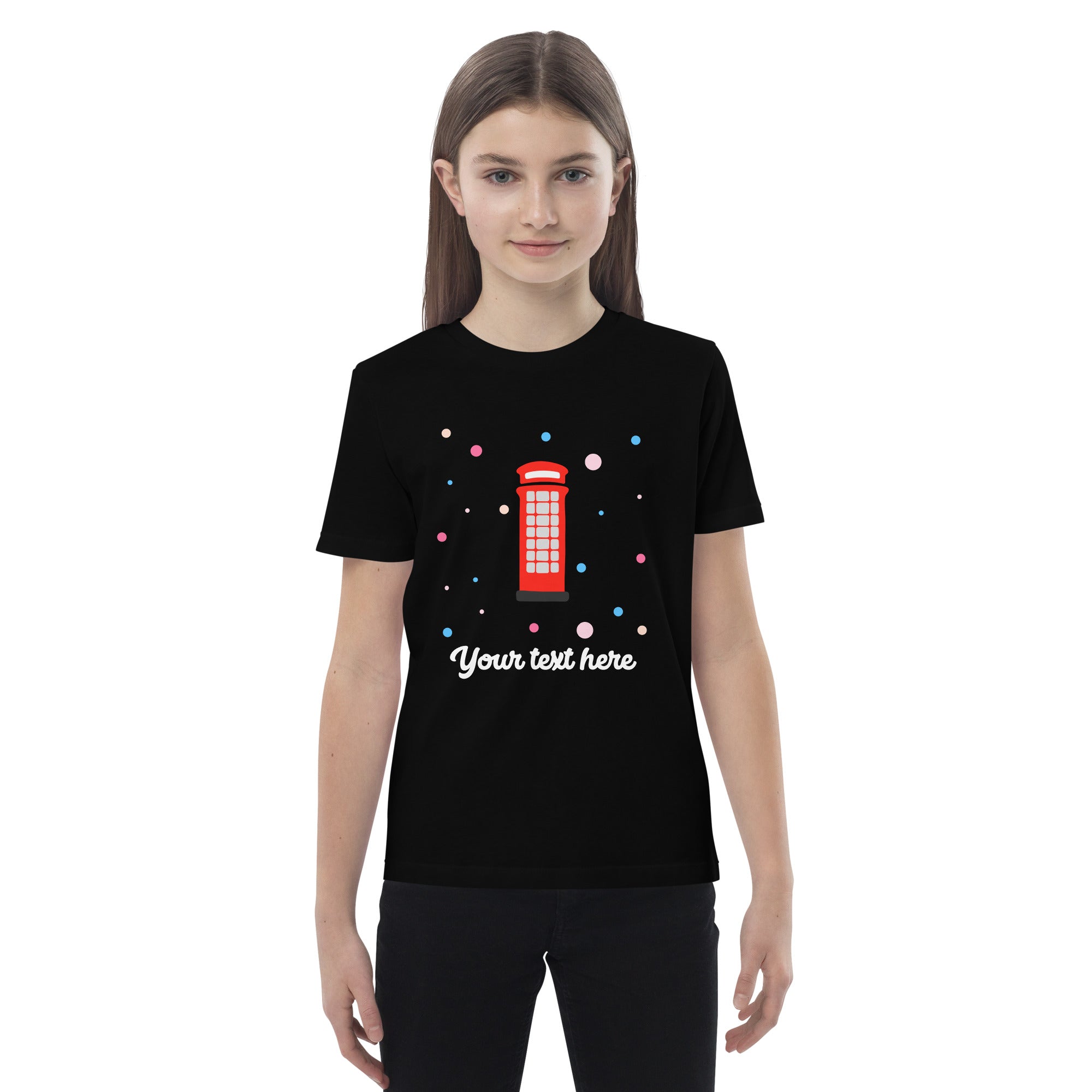 Personalised Custom Text - Organic Cotton Kids T-Shirt - London Doodles - Telephone Box - Black 3