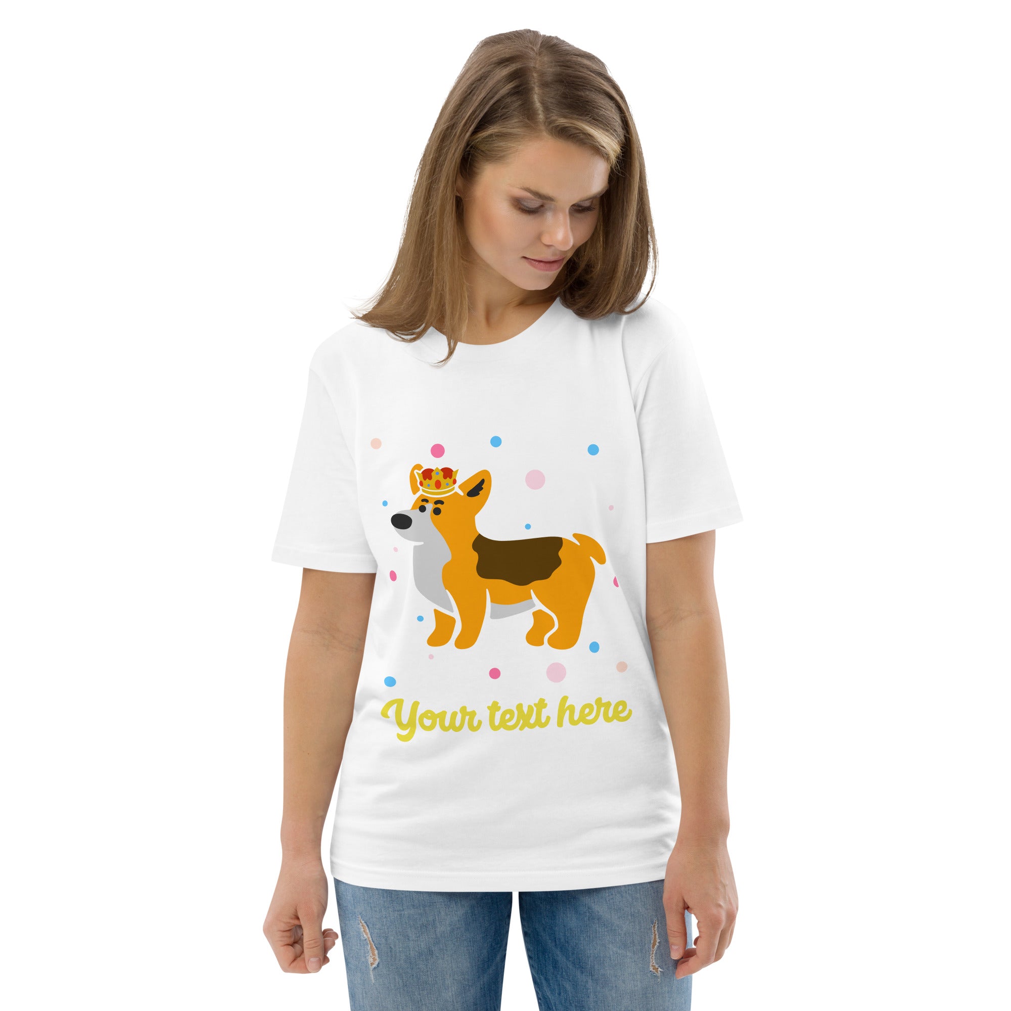 Personalised Custom Text - Organic Cotton Adults Unisex T-Shirt - London Doodles - Royal Corgi - White 2