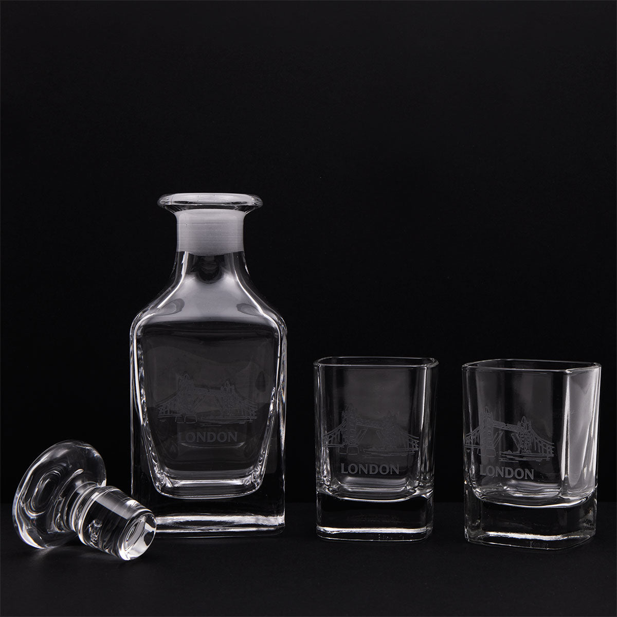 London Night Cap Glasses Set on a black background 2