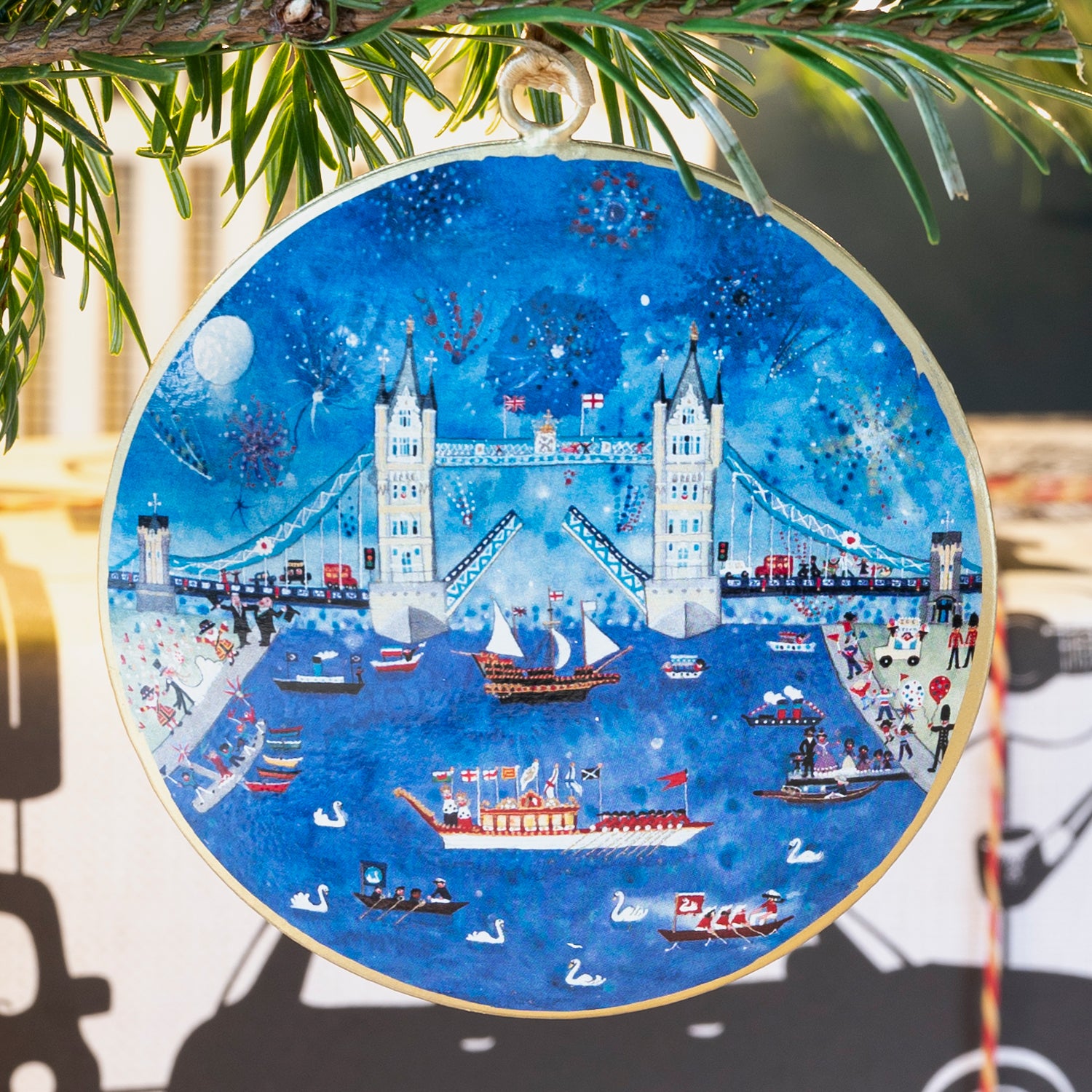 Metal Tower Bridge decoration by Lucy Loveheart hanging from Christmas tree