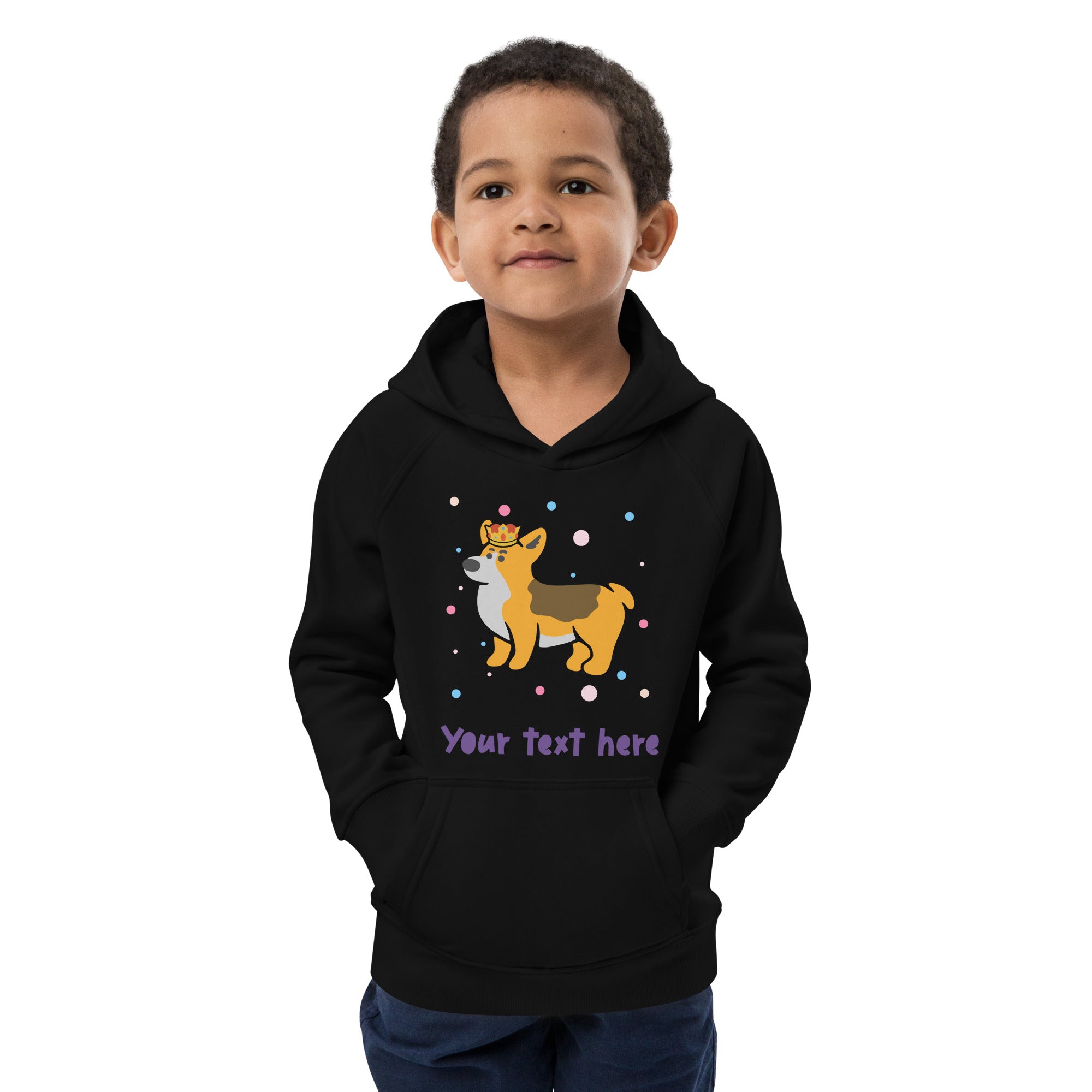 Personalised Custom Text - Kids Eco Hoodie - London Doodles - Royal Corgi