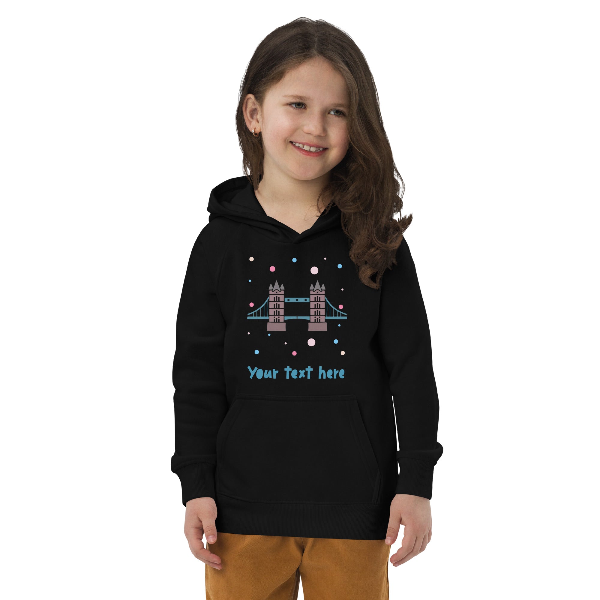 Personalised Custom Text - Kids Eco Hoodie - London Doodles - Tower Bridge