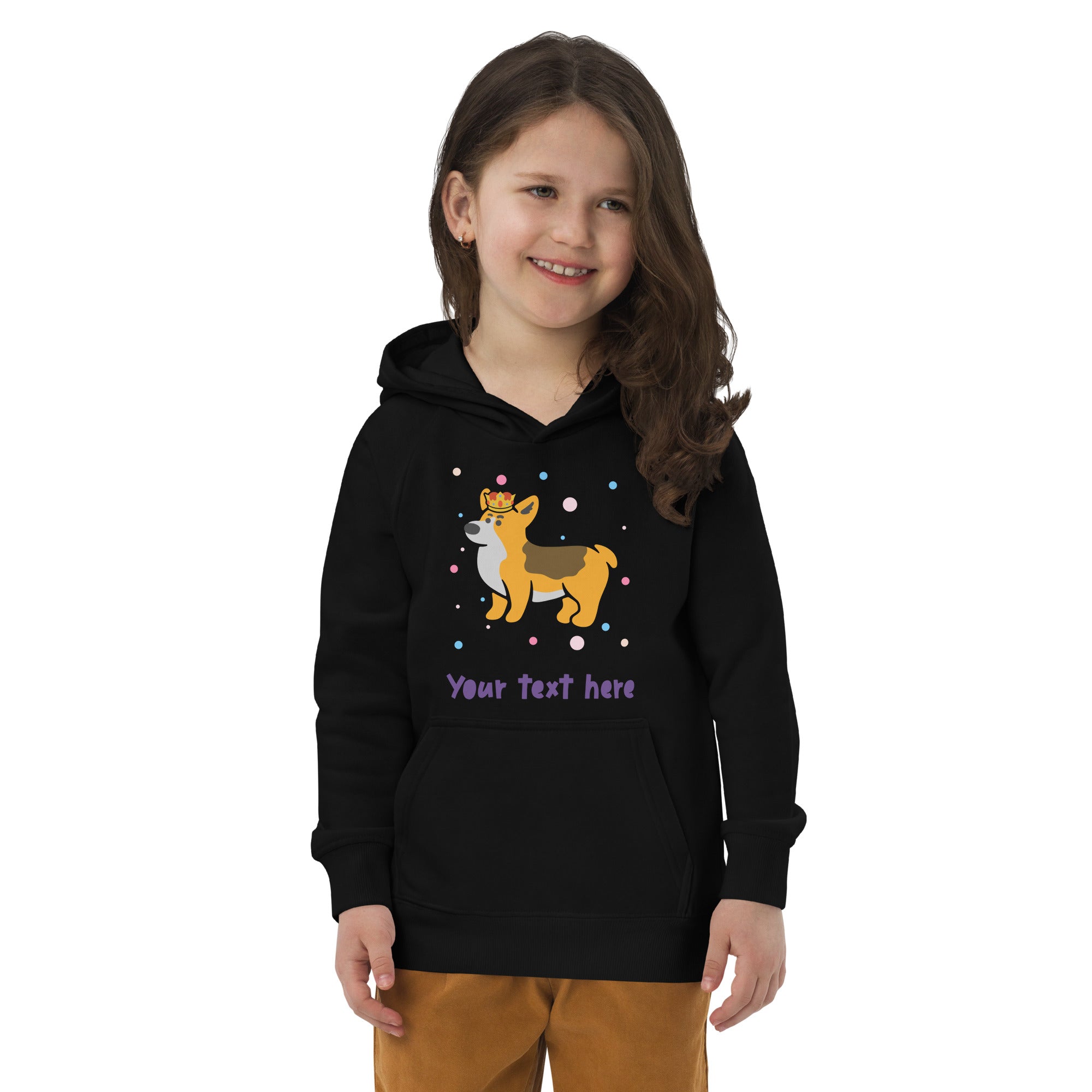 Personalised Custom Text - Kids Eco Hoodie - London Doodles - Royal Corgi