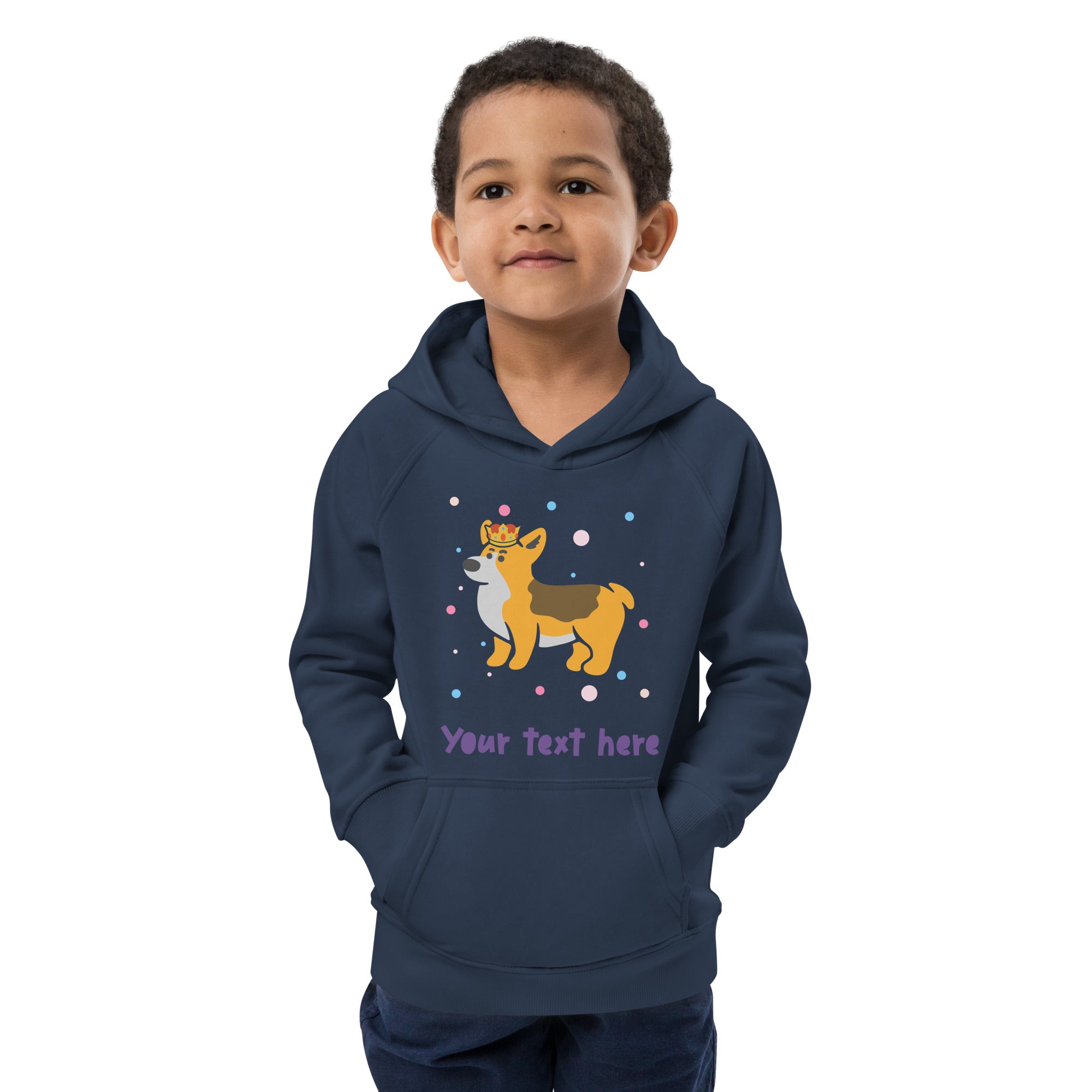 Personalised Custom Text - Kids Eco Hoodie - London Doodles - Royal Corgi