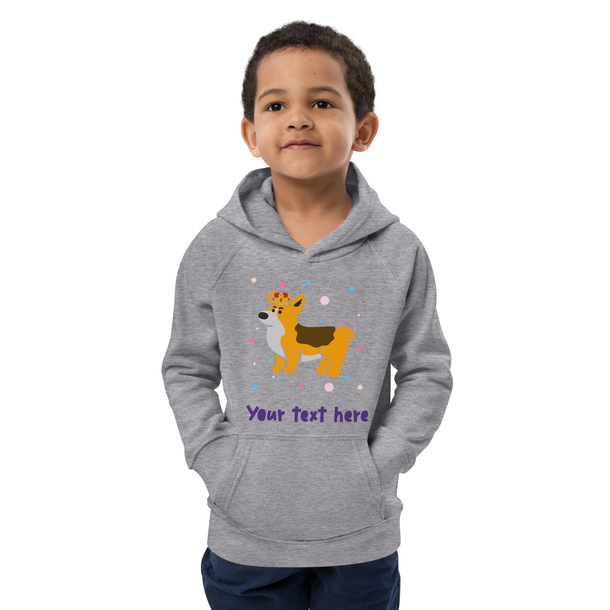 Personalised Custom Text - Kids Eco Hoodie - London Doodles - Royal Corgi