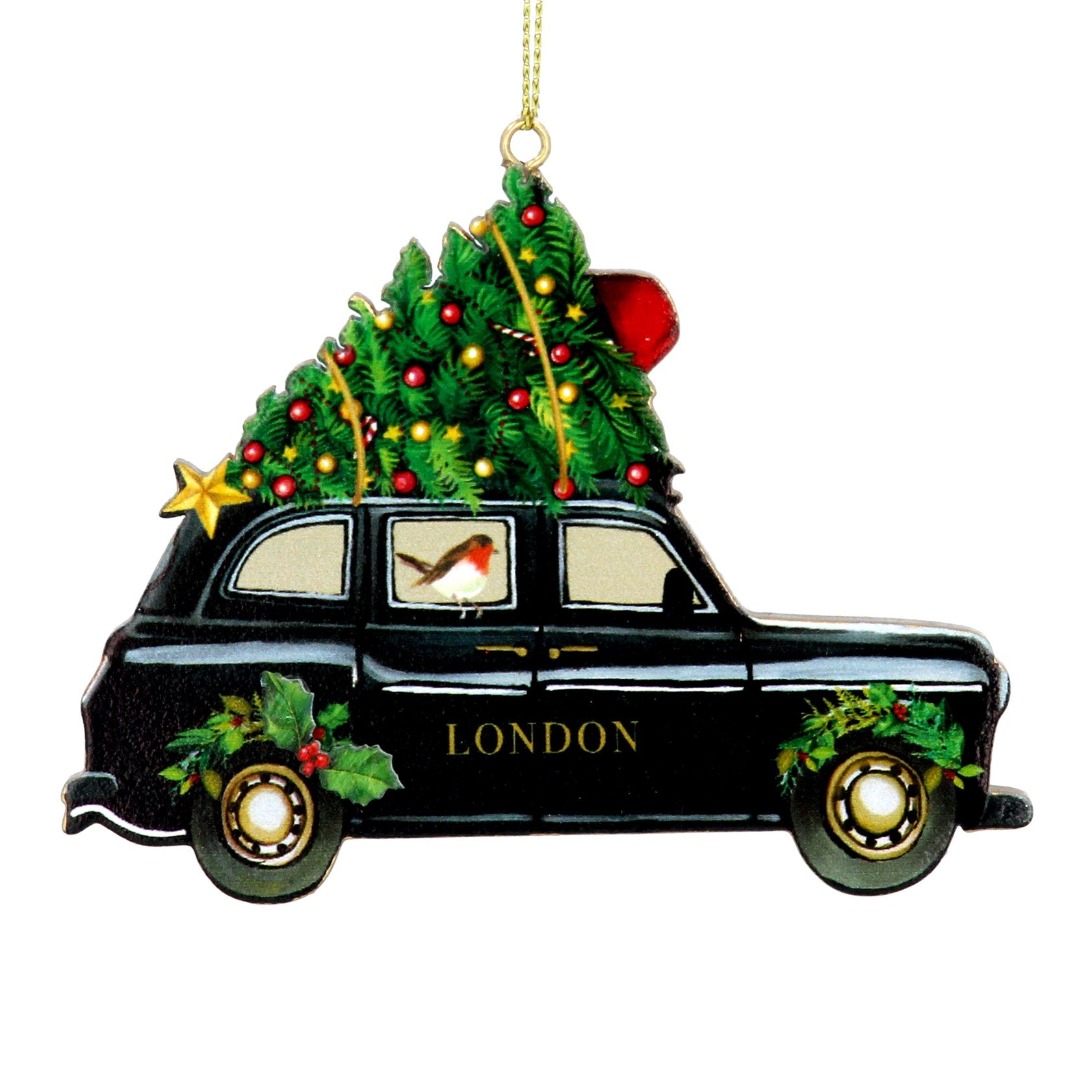 Gisela Graham Black Taxi With Tree Wooden Christmas Decoration