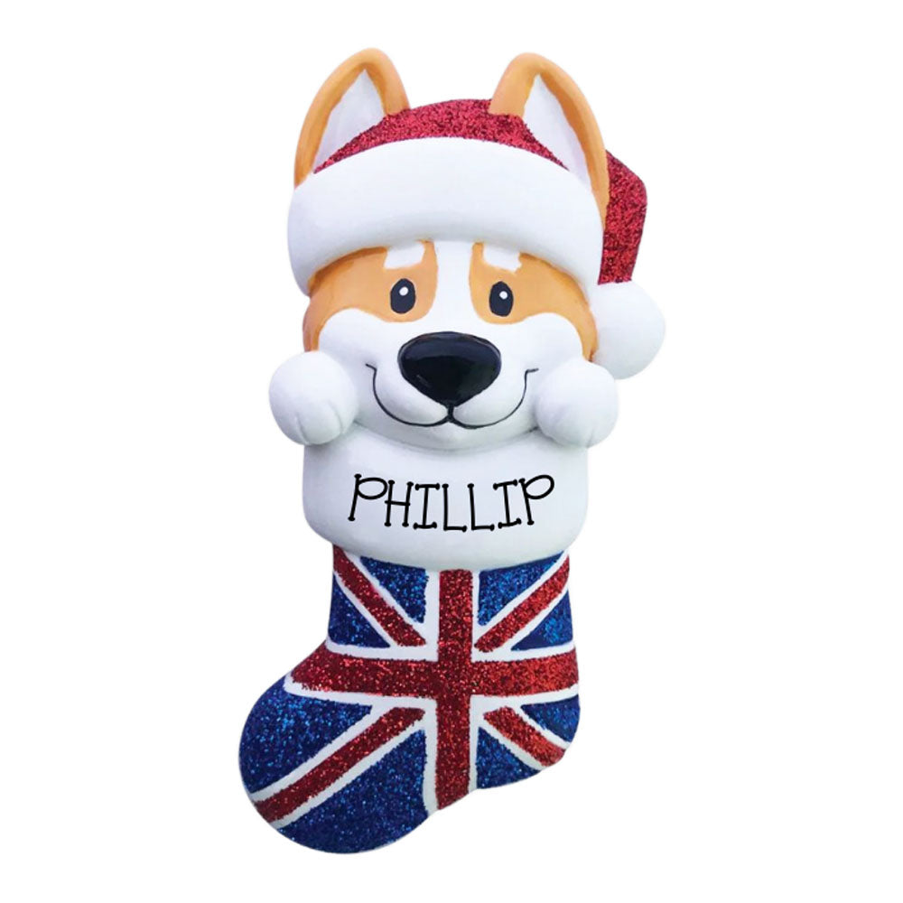 Corgi In Stocking Personalised Christmas Decoration - Writing