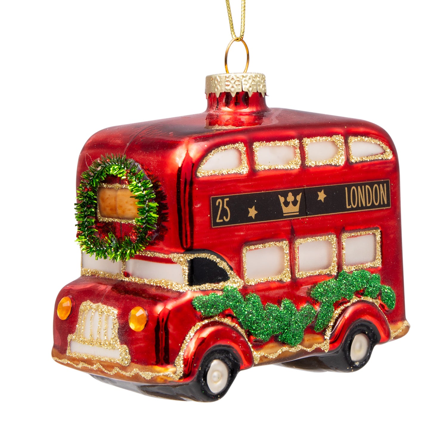 Gisela Graham London Bus With Wreath Glass Christmas Decoration