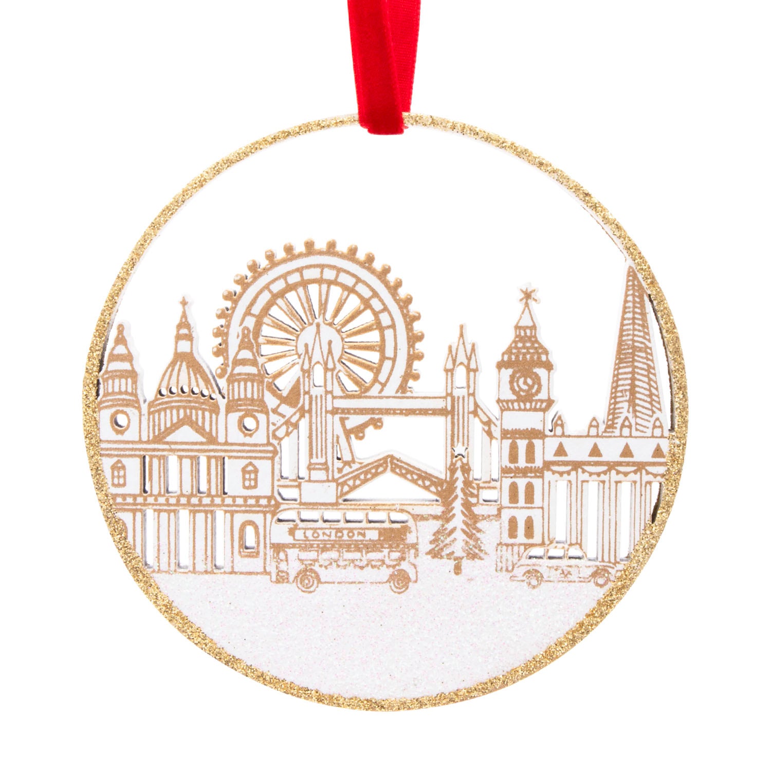 Gisela Graham Wood Hanging Decoration - London Scene - Gold Glitter 1