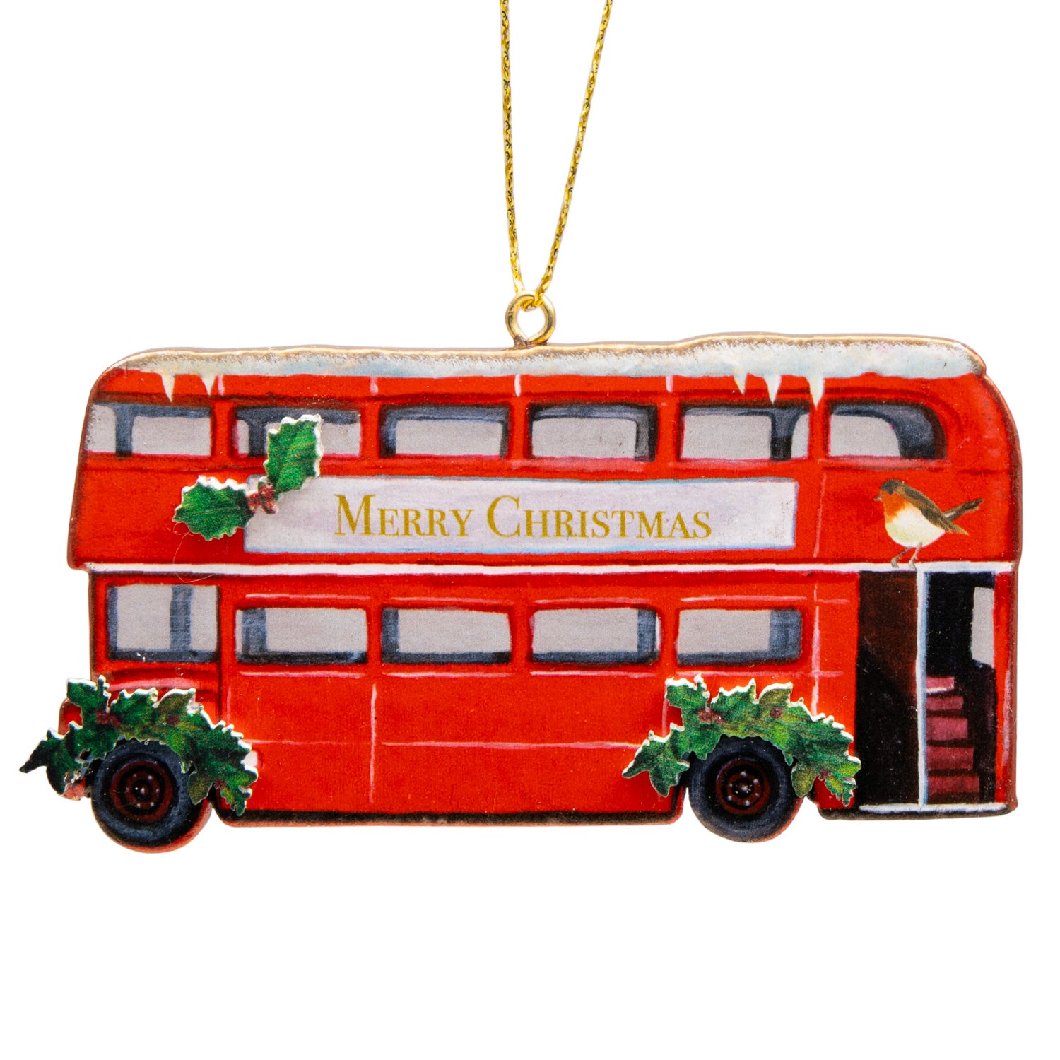 Gisela Graham Bus With Holly Wooden Christmas Decoration 1