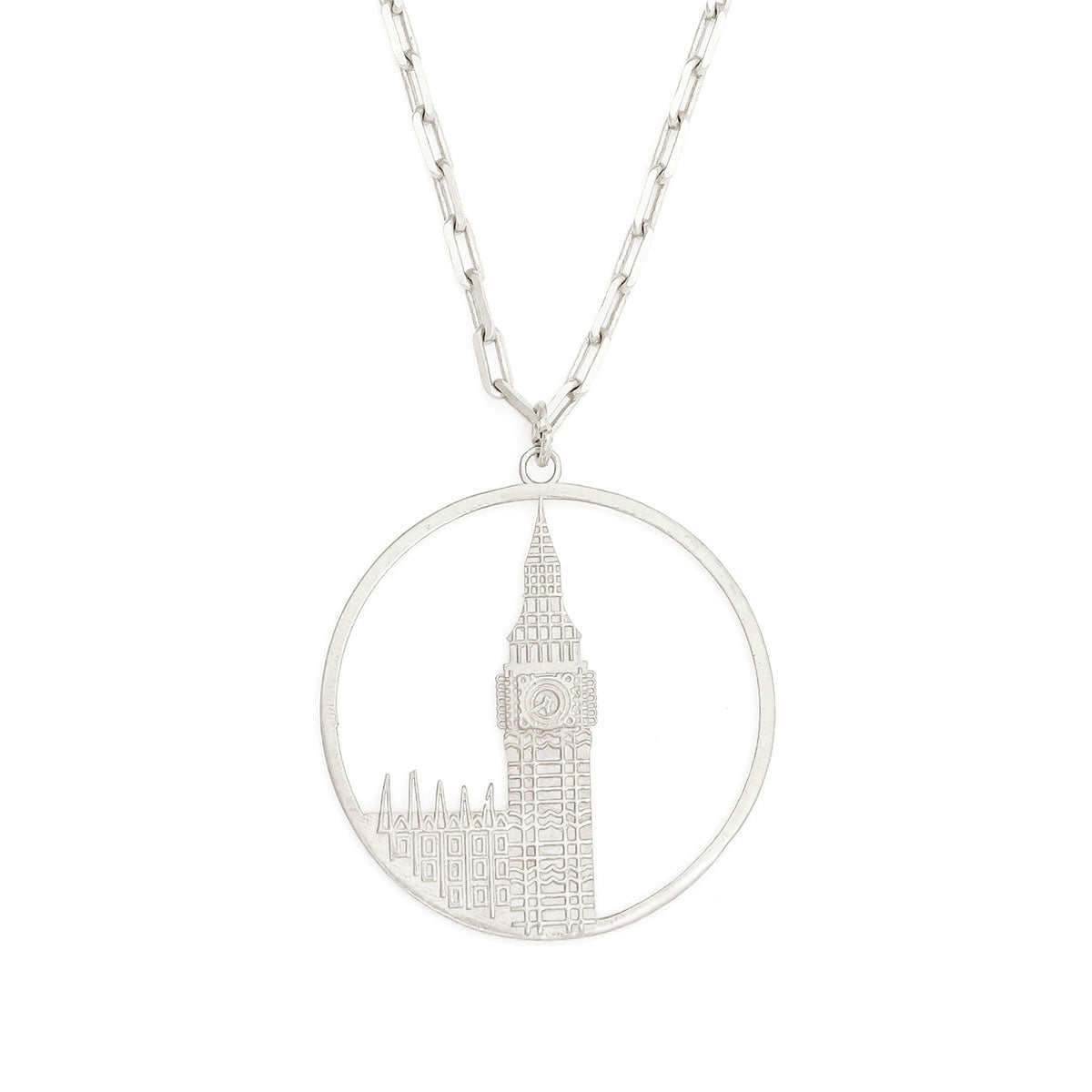 Close up of Jey Jewels Big Ben Silver Pendant Necklace - Large