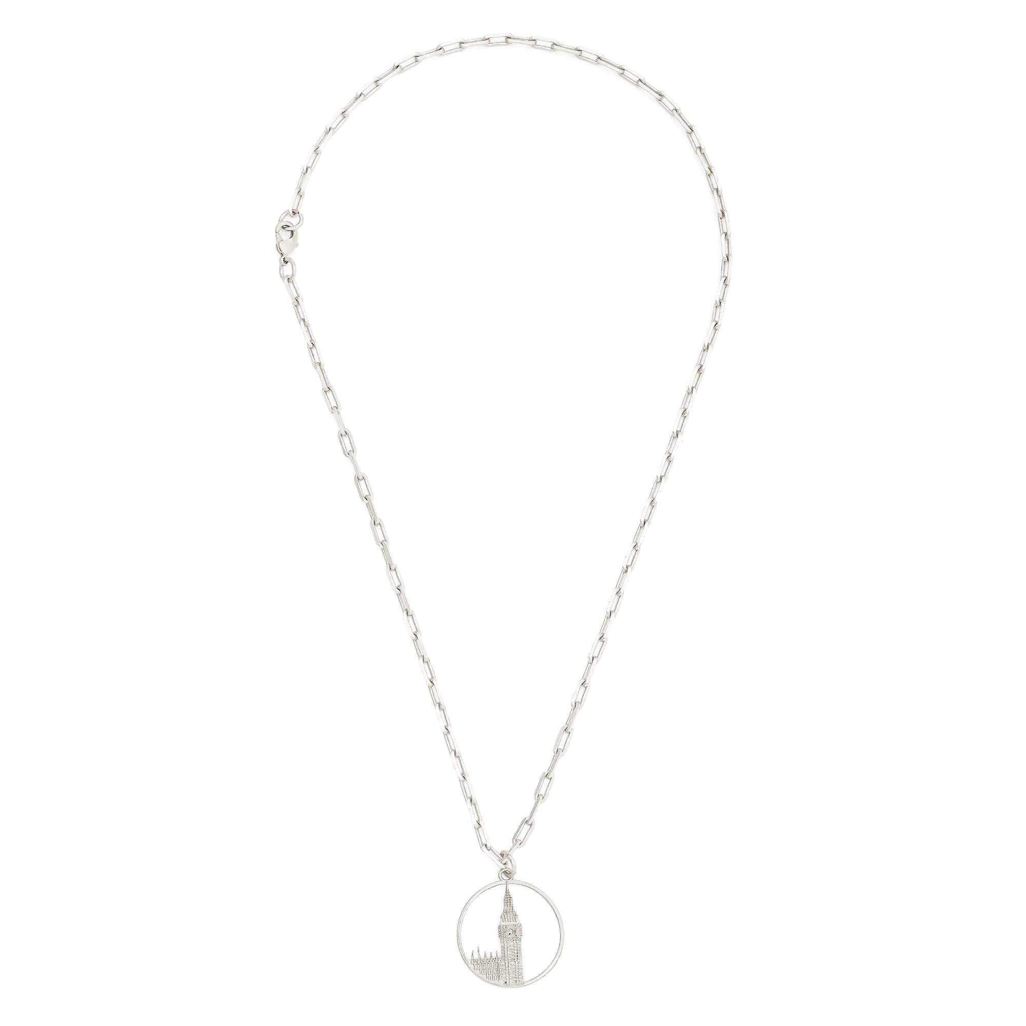 Full view of the Jey Jewels Big Ben Silver Pendant Necklace - Small