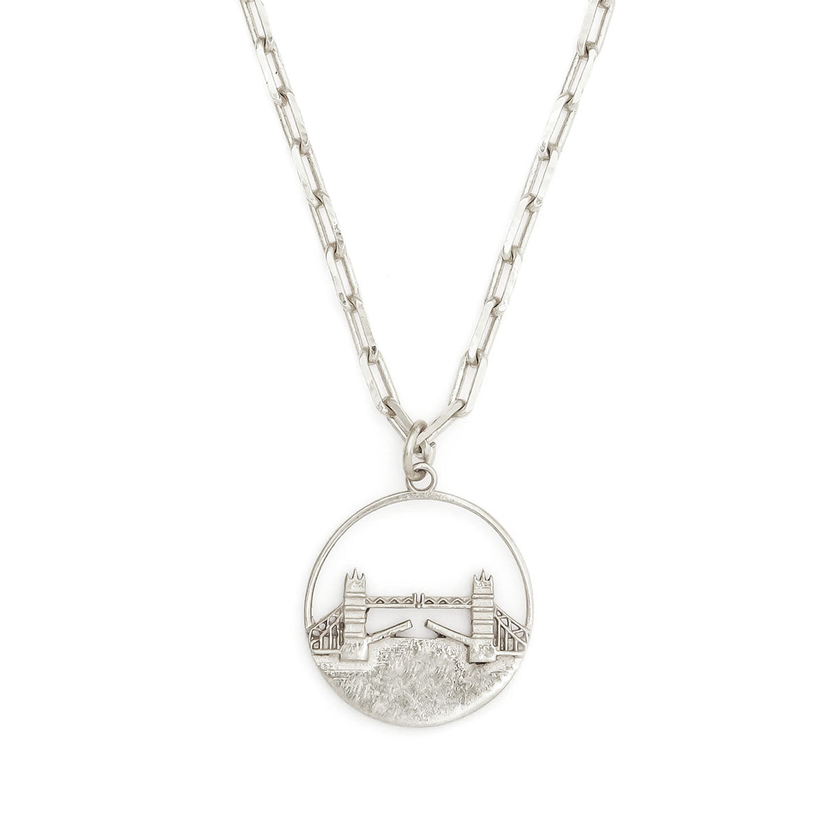 Close up view of Jey Jewels Tower Bridge Silver Pendant Necklace - Small