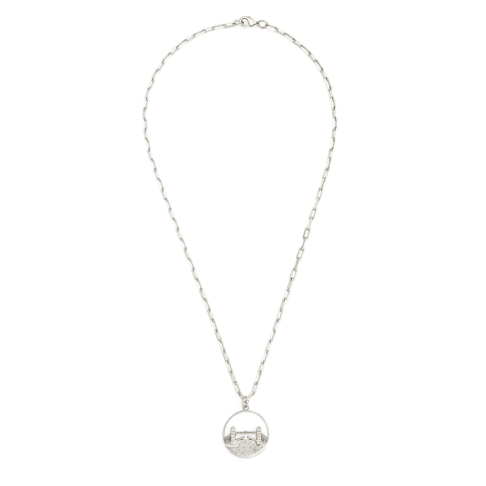Full view of Jey Jewels Tower Bridge Silver Pendant Necklace - Small
