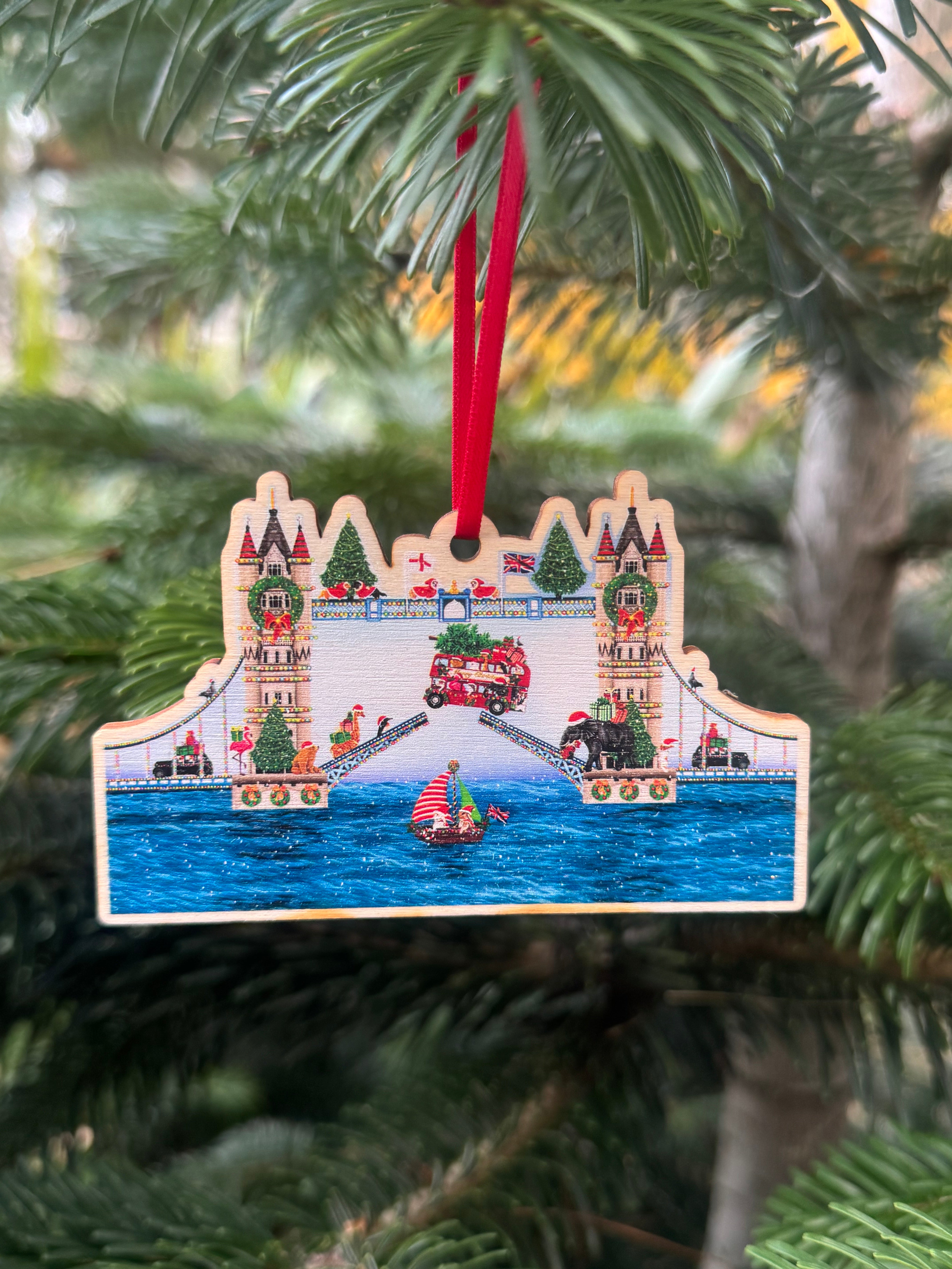 Peckish Goose Tower Bridge Wooden Christmas Decoration