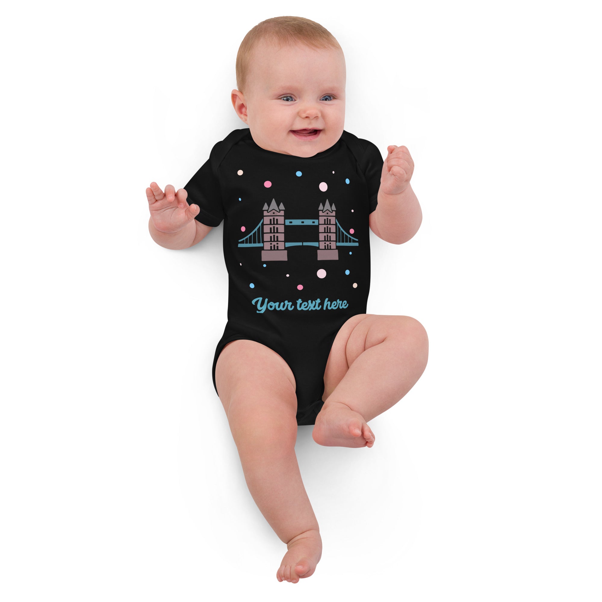 Personalised Custom Text - Baby Bodysuit - London Doodles - Tower Bridge - Black 3