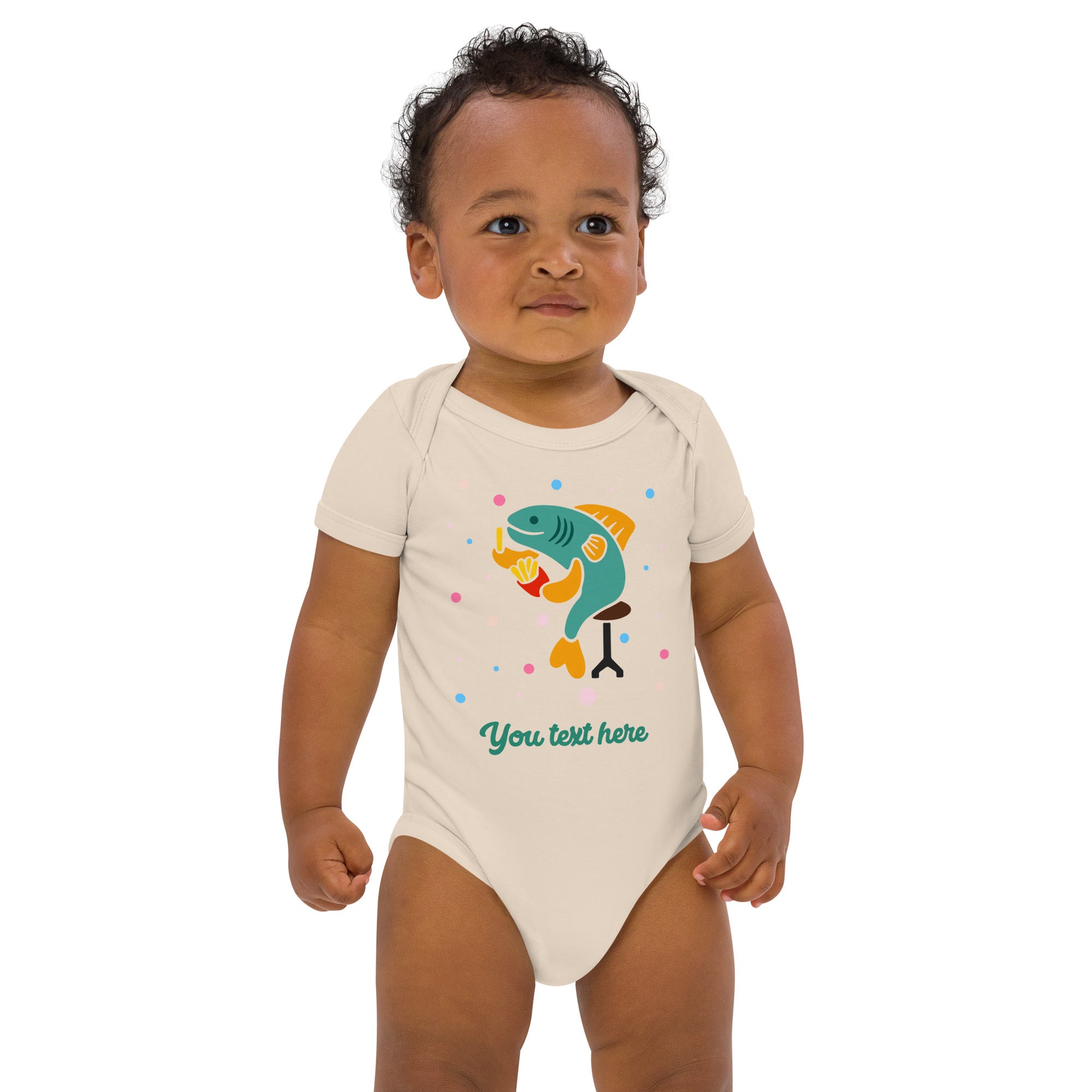 Personalised Custom Text - Baby Bodysuit - London Doodles - Fish & Chips - Natural 2