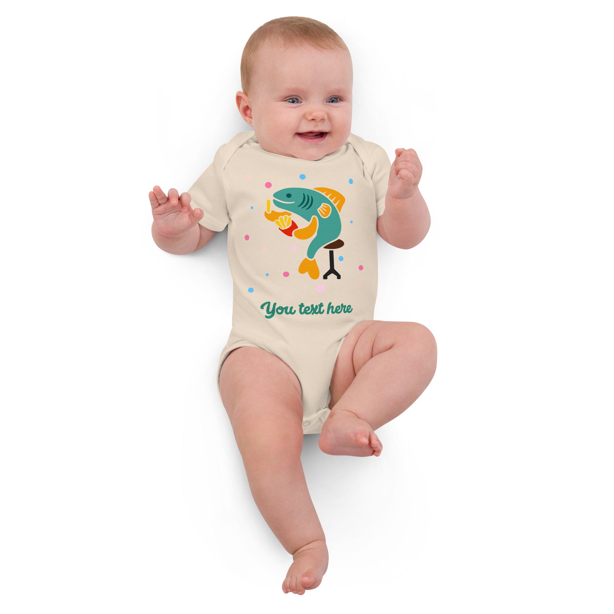 Personalised Custom Text Baby Bodysuit London Doodles Fish Chips