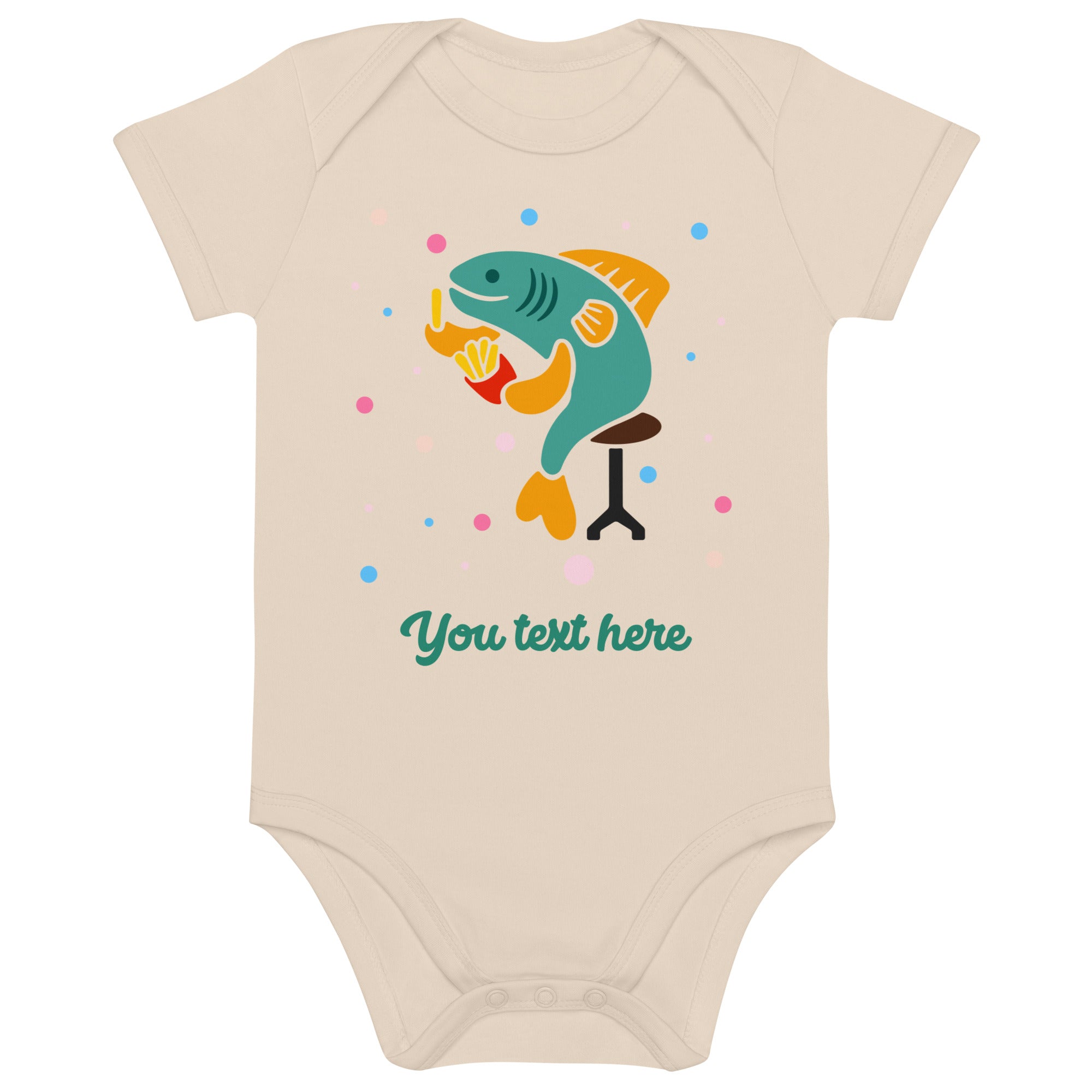 Personalised Custom Text - Baby Bodysuit - London Doodles - Fish & Chips - Natural 1