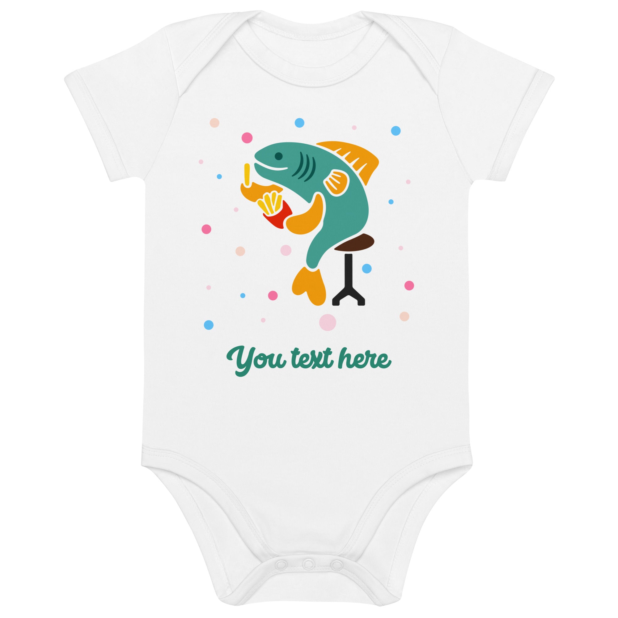 Personalised Custom Text - Baby Bodysuit - London Doodles - Fish & Chips - White 1