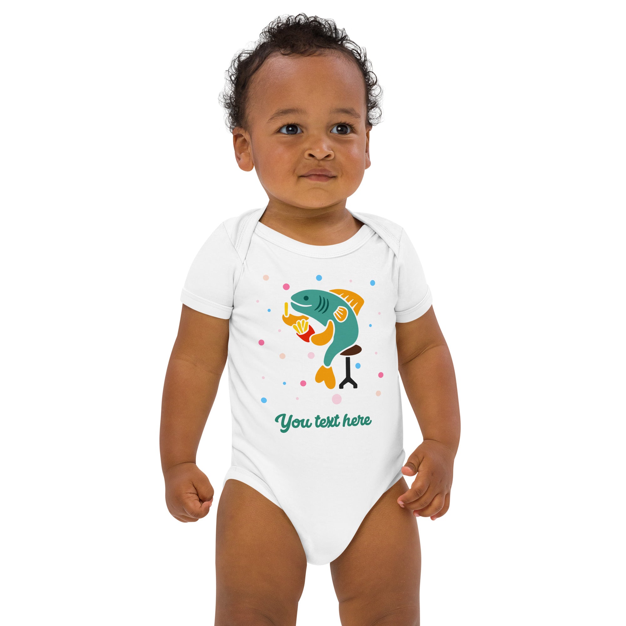 Personalised Custom Text - Baby Bodysuit - London Doodles - Fish & Chips - White 2
