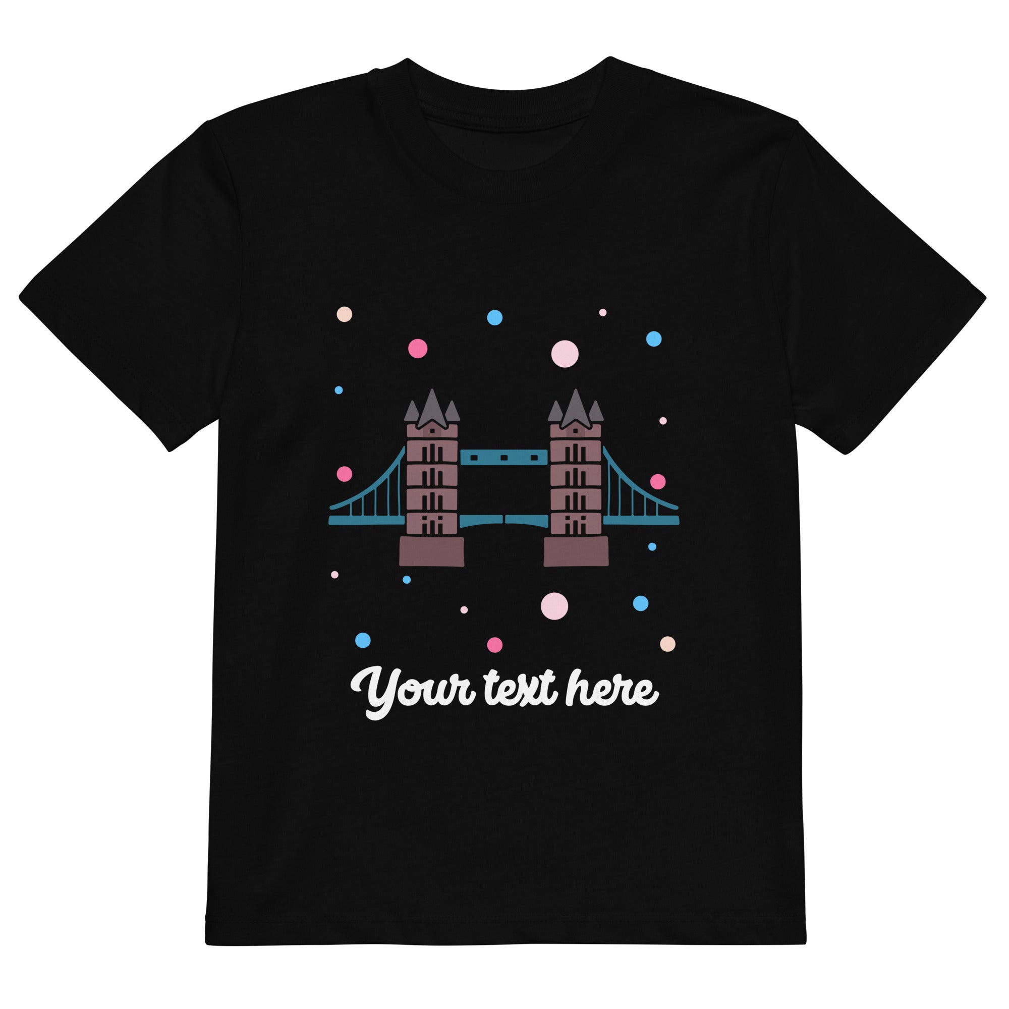 Personalised Custom Text - Organic Cotton Kids T-Shirt - London Doodles - Tower Bridge - Black 1