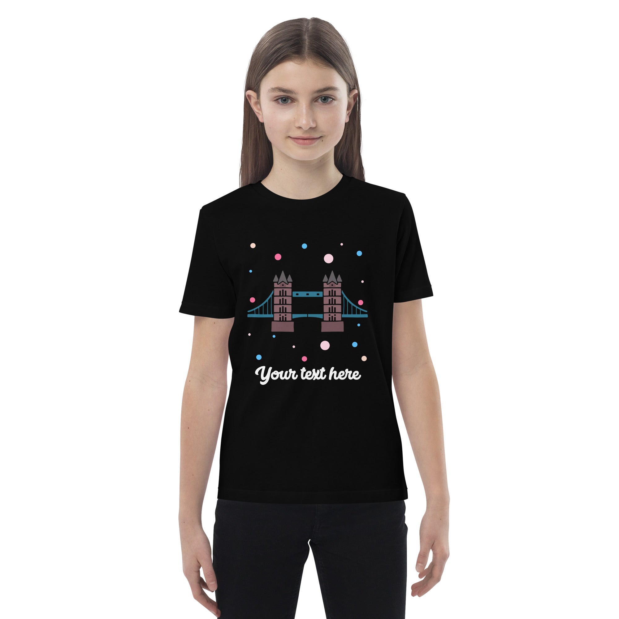 Personalised Custom Text - Organic Cotton Kids T-Shirt - London Doodles - Tower Bridge - Black 3