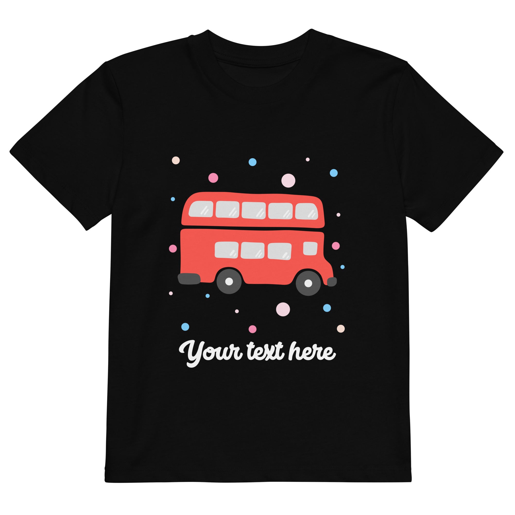 Personalised Custom Text - Organic Cotton Kids T-Shirt - London Doodles - Red Bus - Black 1