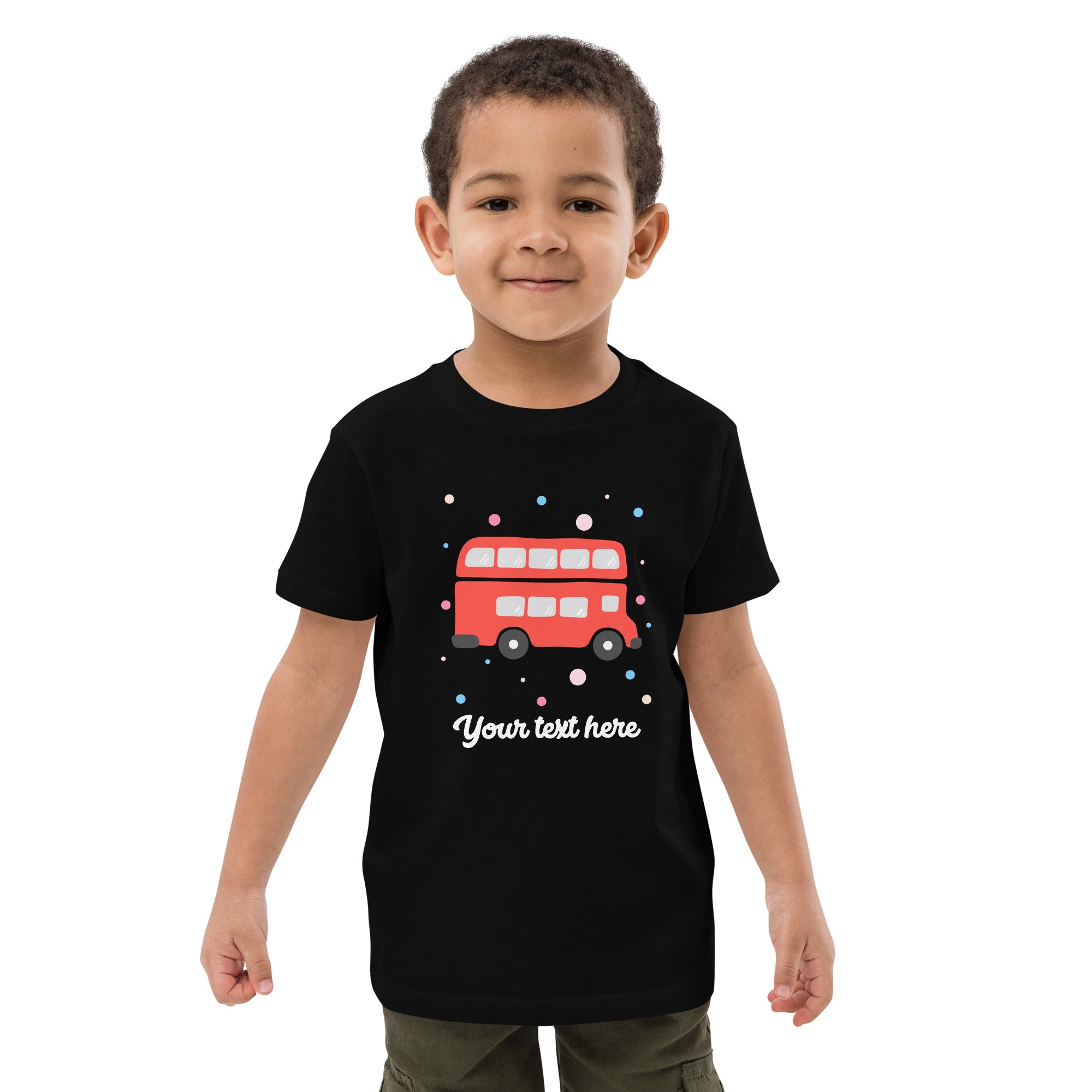 Personalised Custom Text - Organic Cotton Kids T-Shirt - London Doodles - Red Bus - Black 2