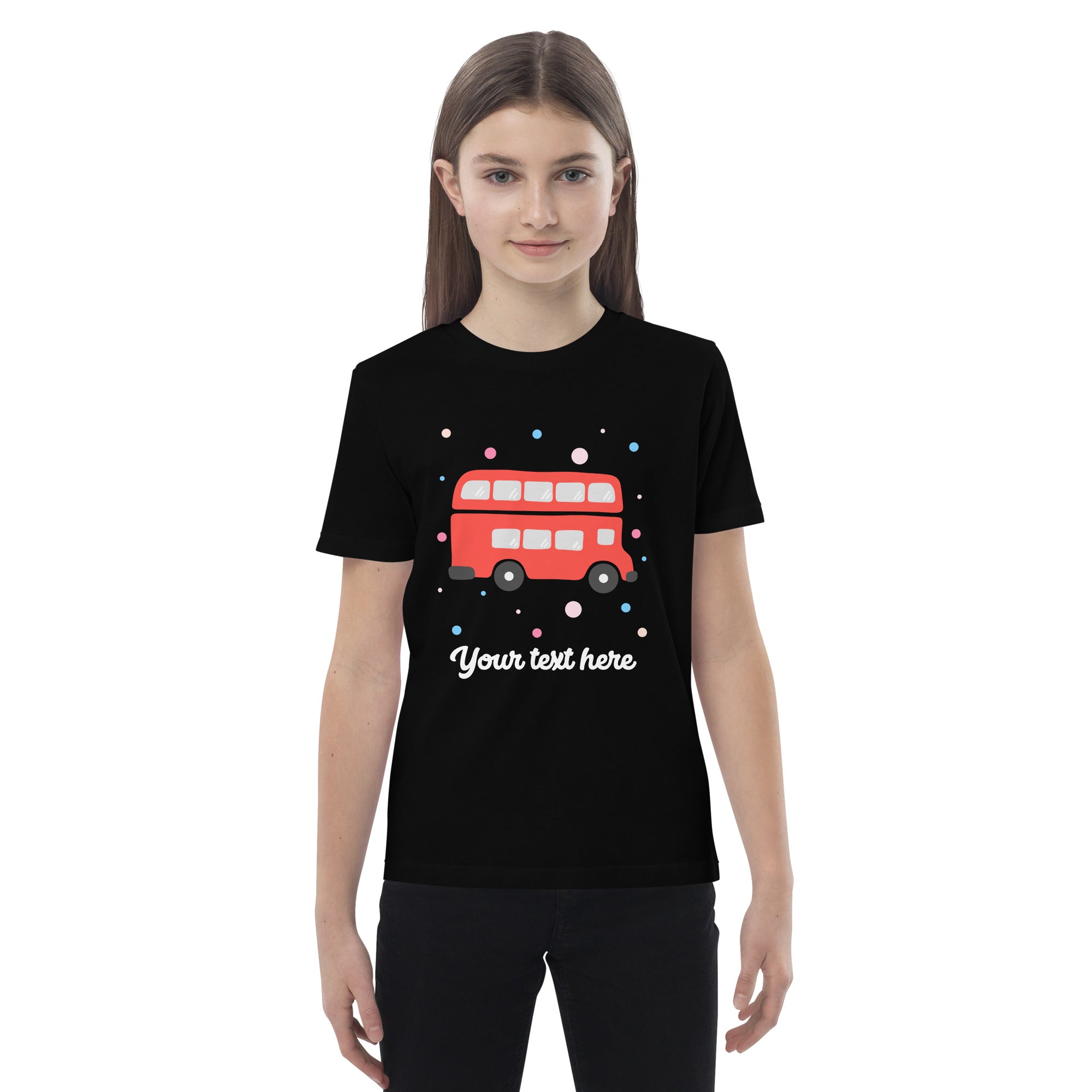 Personalised Custom Text - Organic Cotton Kids T-Shirt - London Doodles - Red Bus - Black 3