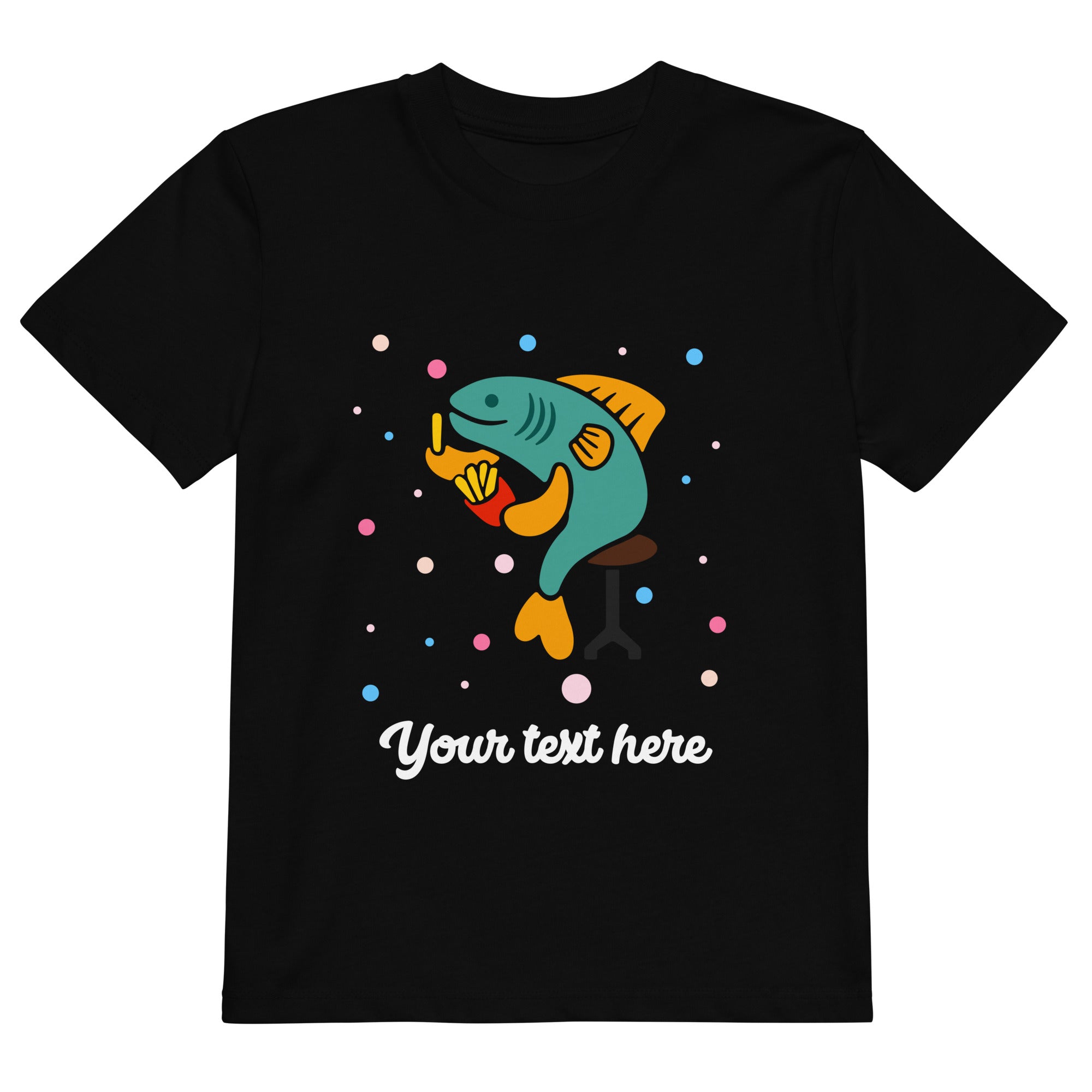 Personalised Custom Text - Organic Cotton Kids T-Shirt - London Doodles - Fish & Chips - Black 1