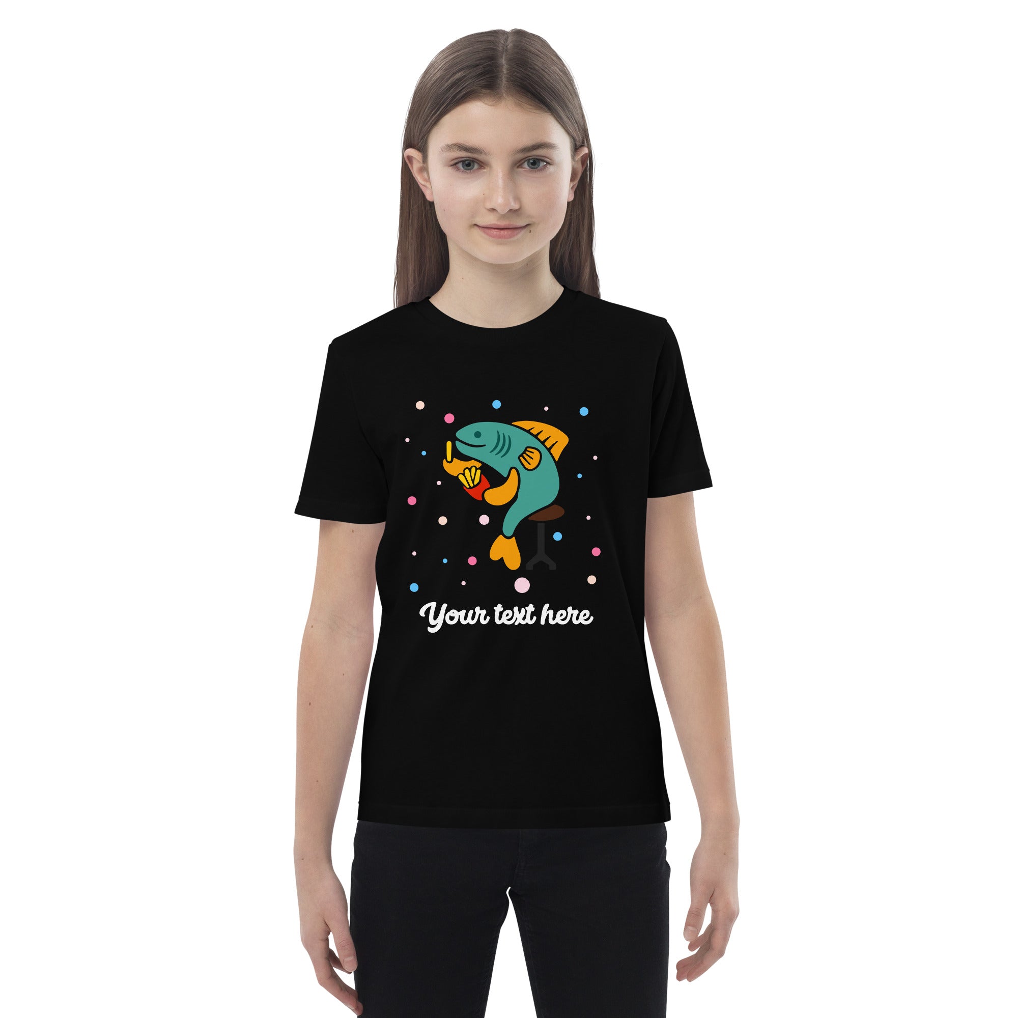 Personalised Custom Text - Organic Cotton Kids T-Shirt - London Doodles - Fish & Chips - Black 3