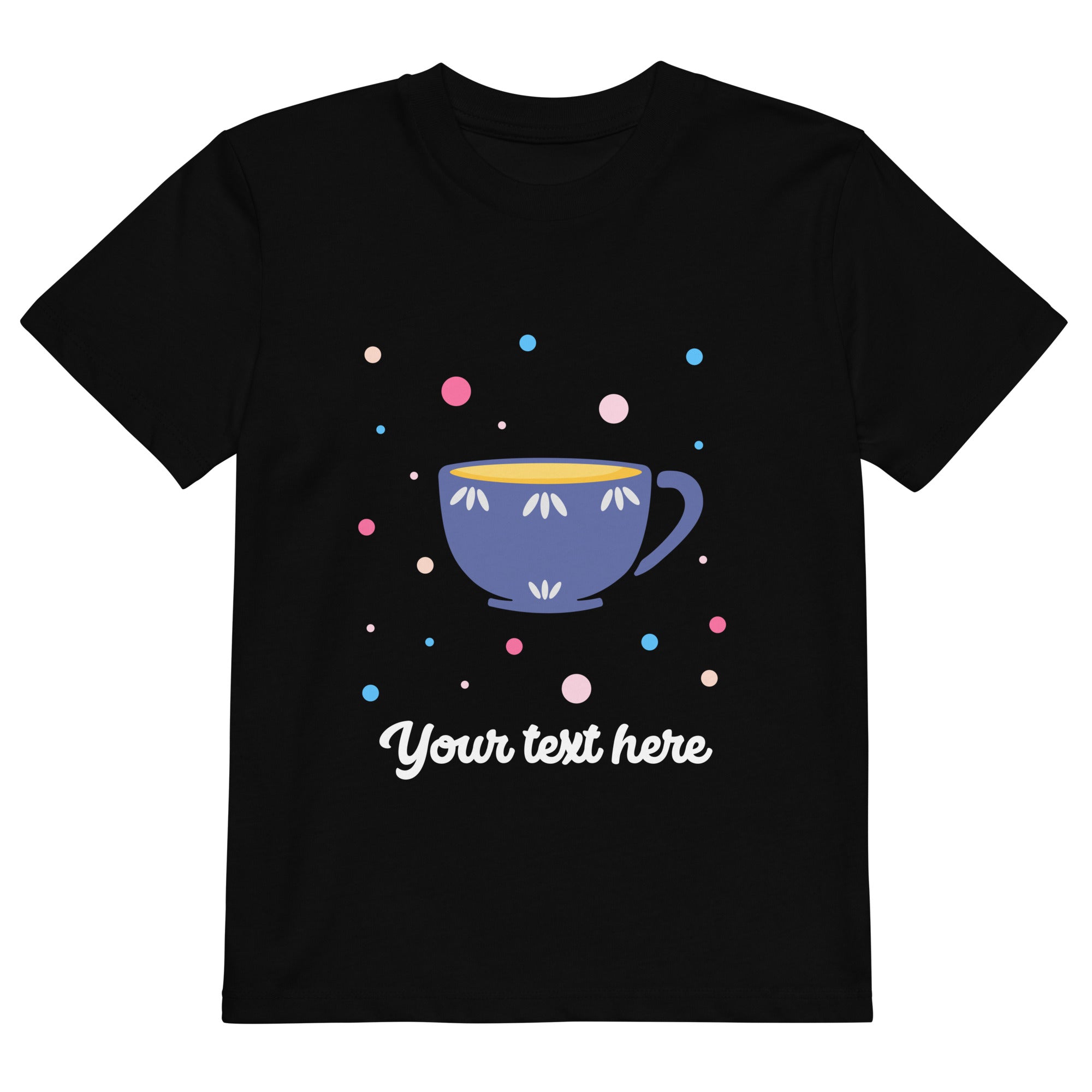 Personalised Custom Text - Organic Cotton Kids T-Shirt - London Doodles - Cup Of Tea - Black 1