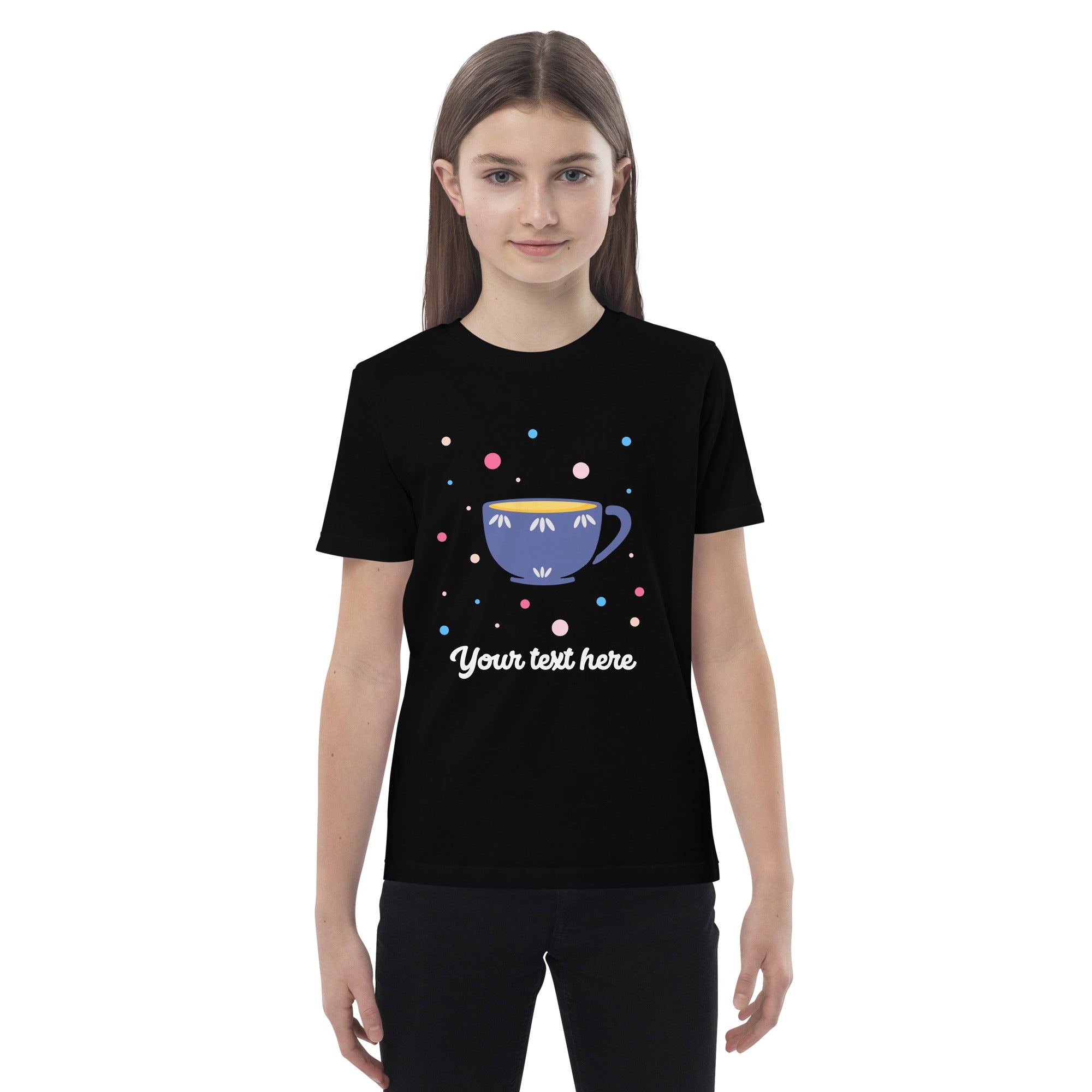 Personalised Custom Text - Organic Cotton Kids T-Shirt - London Doodles - Cup Of Tea - Black 3