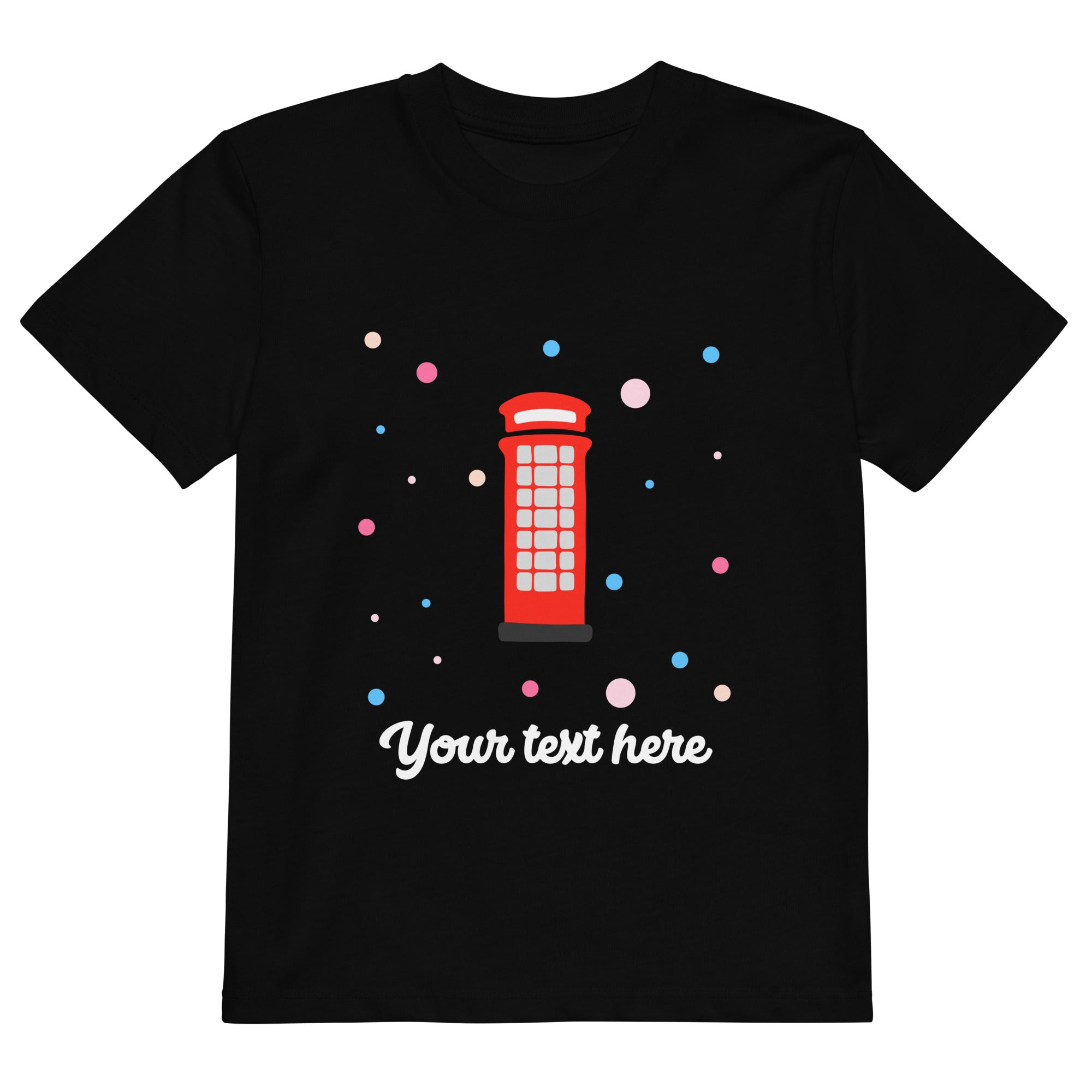 Personalised Custom Text - Organic Cotton Kids T-Shirt - London Doodles - Telephone Box - Black 1