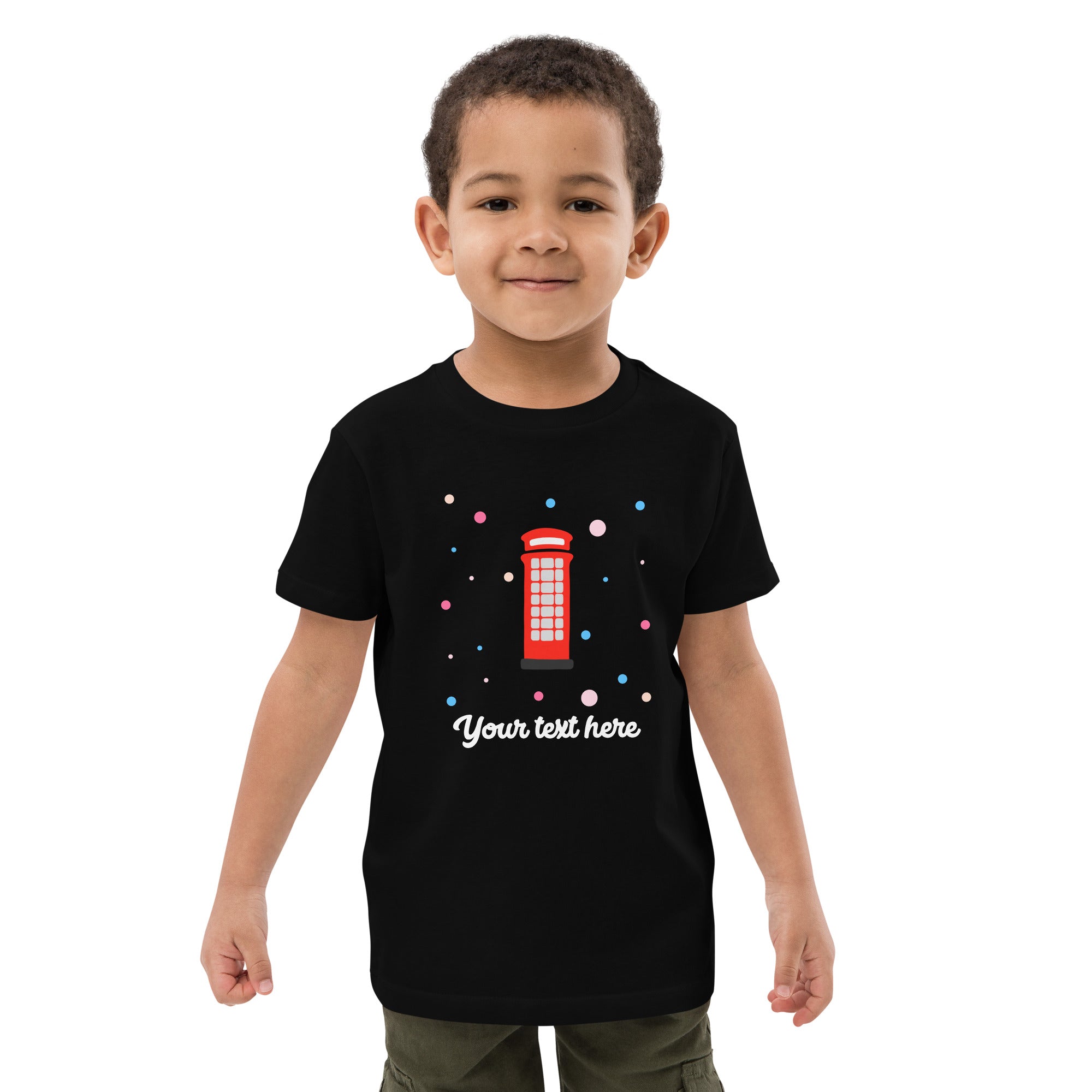 Personalised Custom Text - Organic Cotton Kids T-Shirt - London Doodles - Telephone Box - Black 2