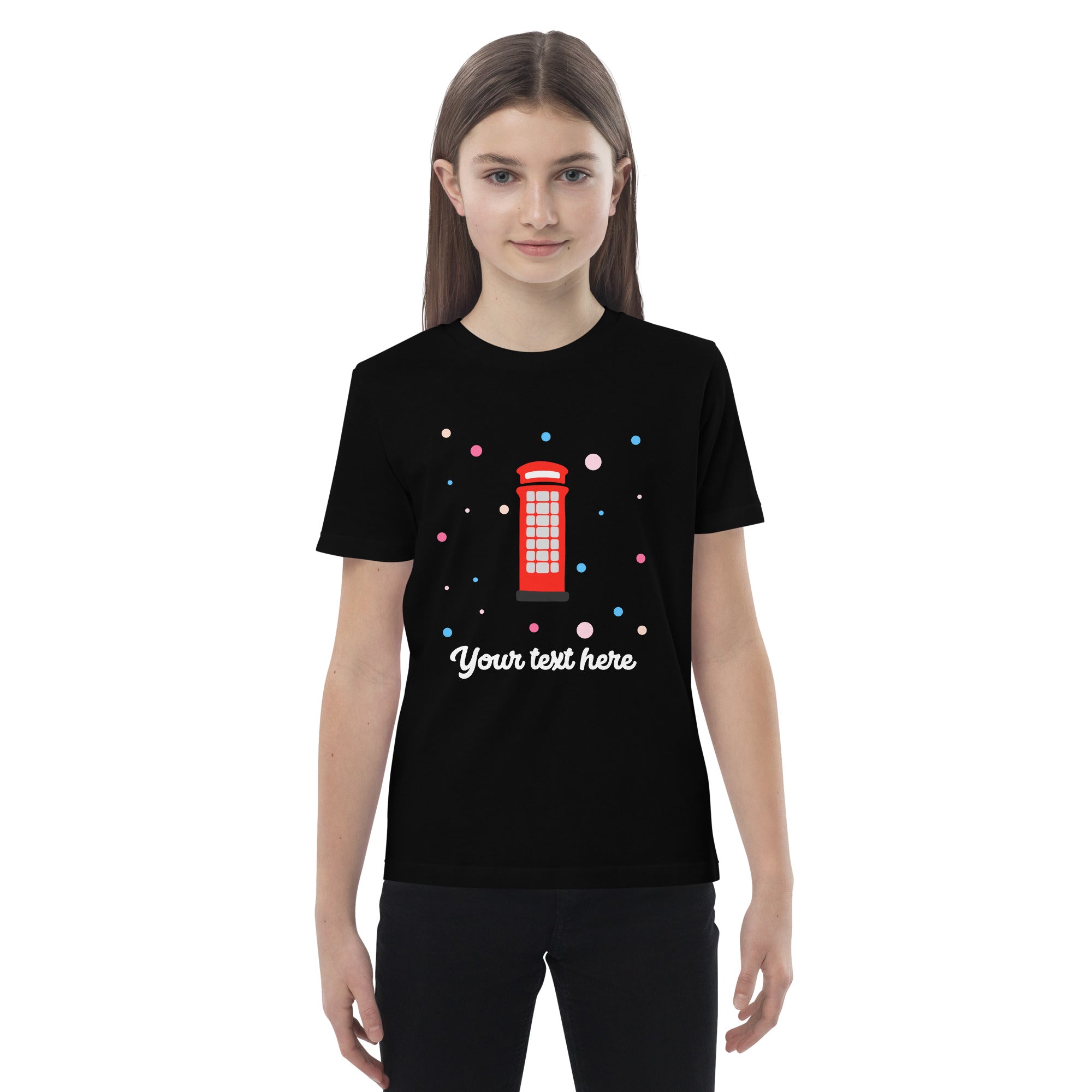 Personalised Custom Text - Organic Cotton Kids T-Shirt - London Doodles - Telephone Box - Black 3