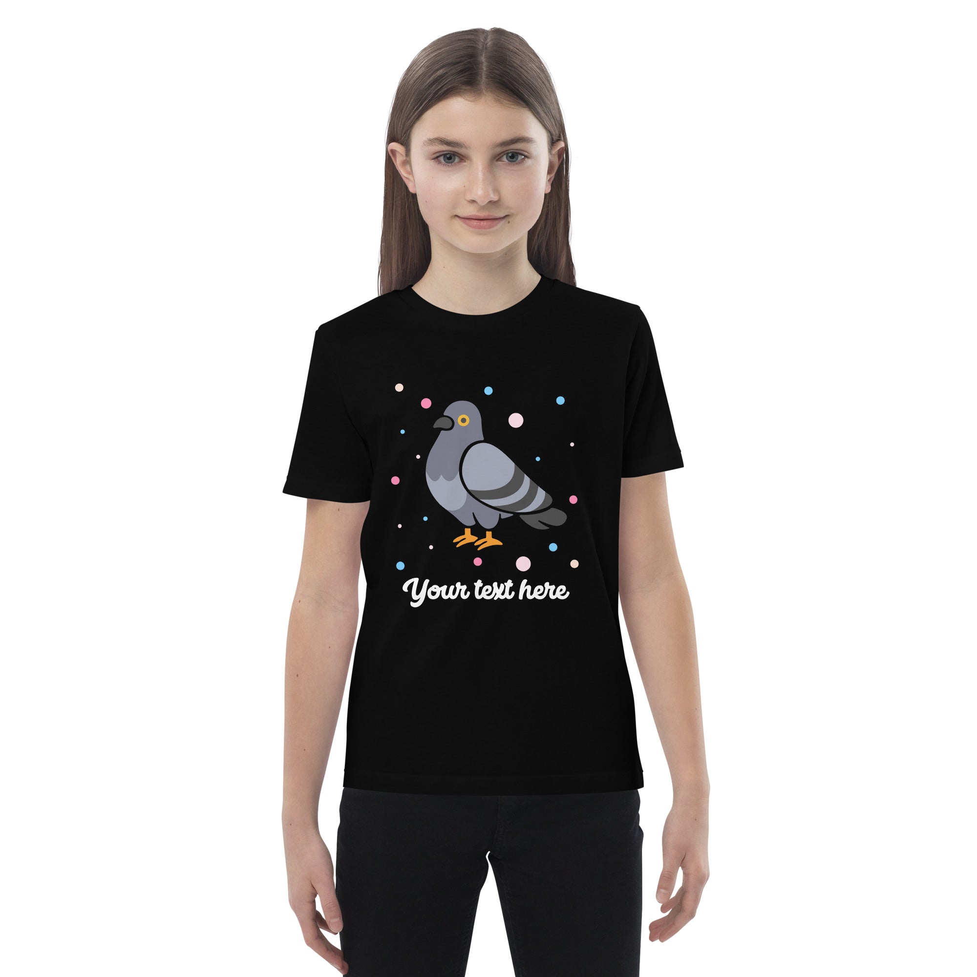 Personalised Custom Text - Organic Cotton Kids T-Shirt - London Doodles - Pigeon - Black 3