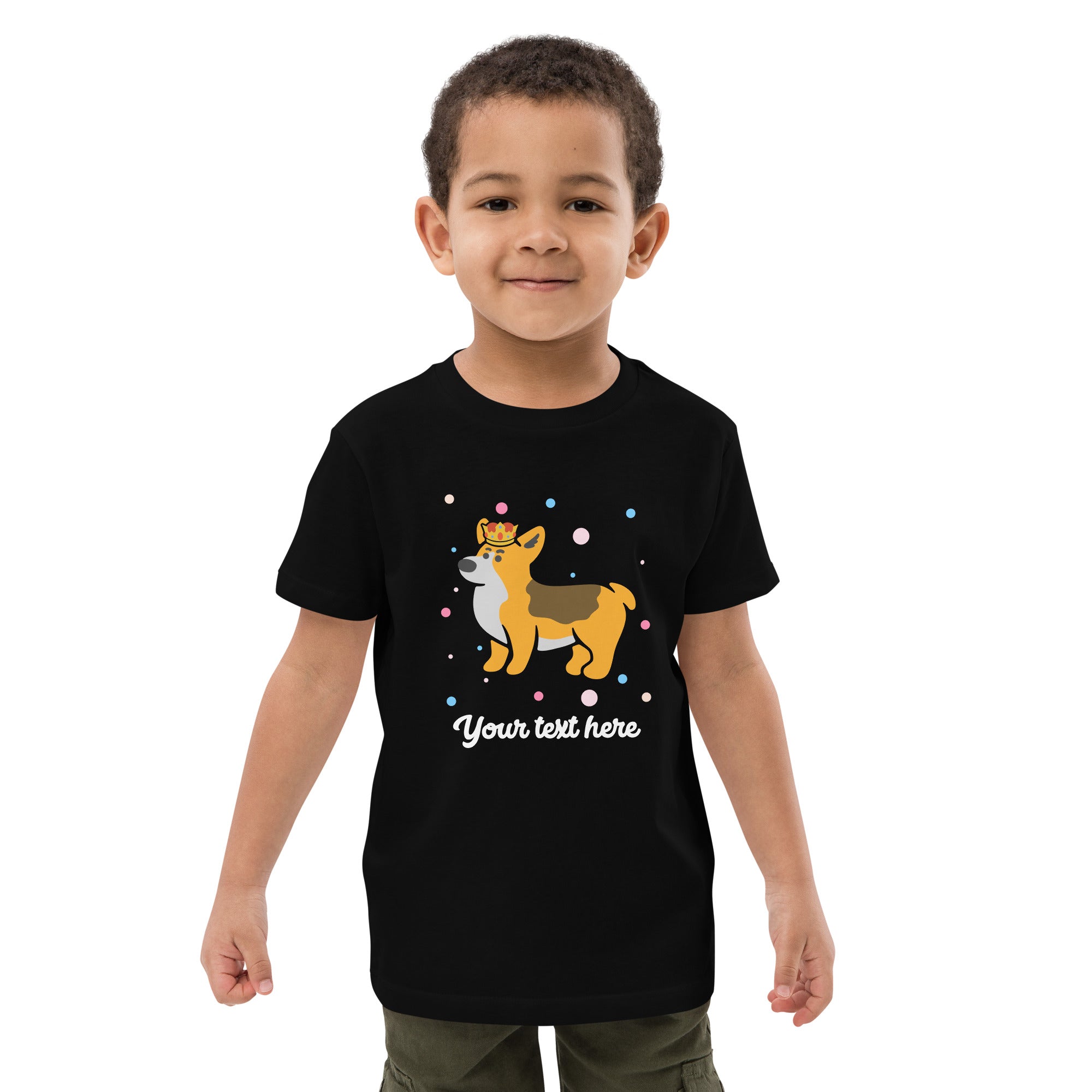 Personalised Custom Text - Organic Cotton Kids T-Shirt - London Doodles - Royal Corgi - Black 2