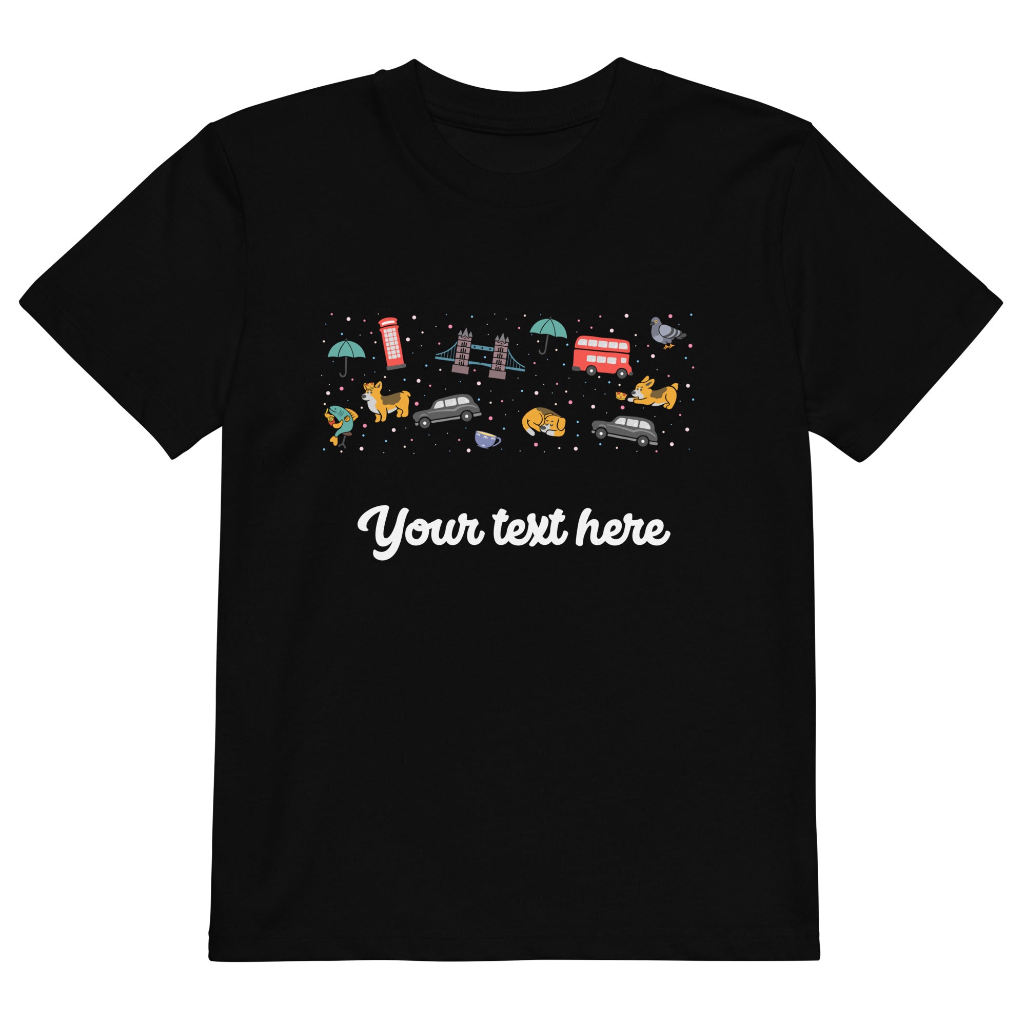 Personalised Custom Text - Organic Cotton Kids T-Shirt - London Doodles - Black